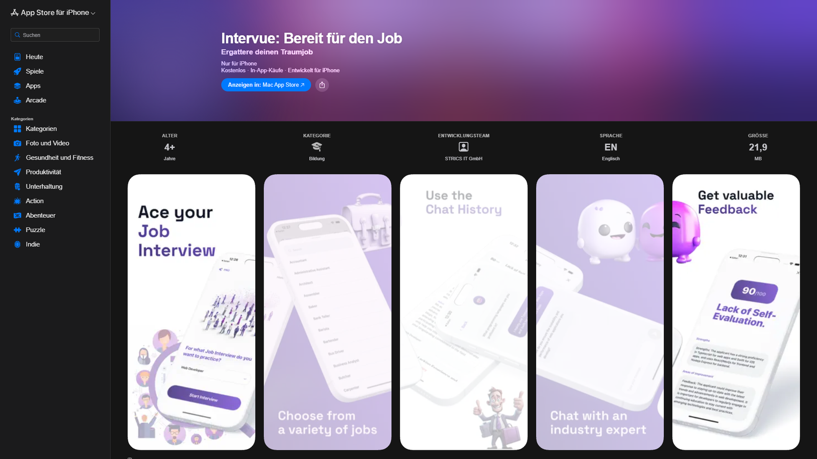 Intervue Bereit für den Job — интерфейс нейросети Intervue Bereit für den Job — интерфейс нейросети