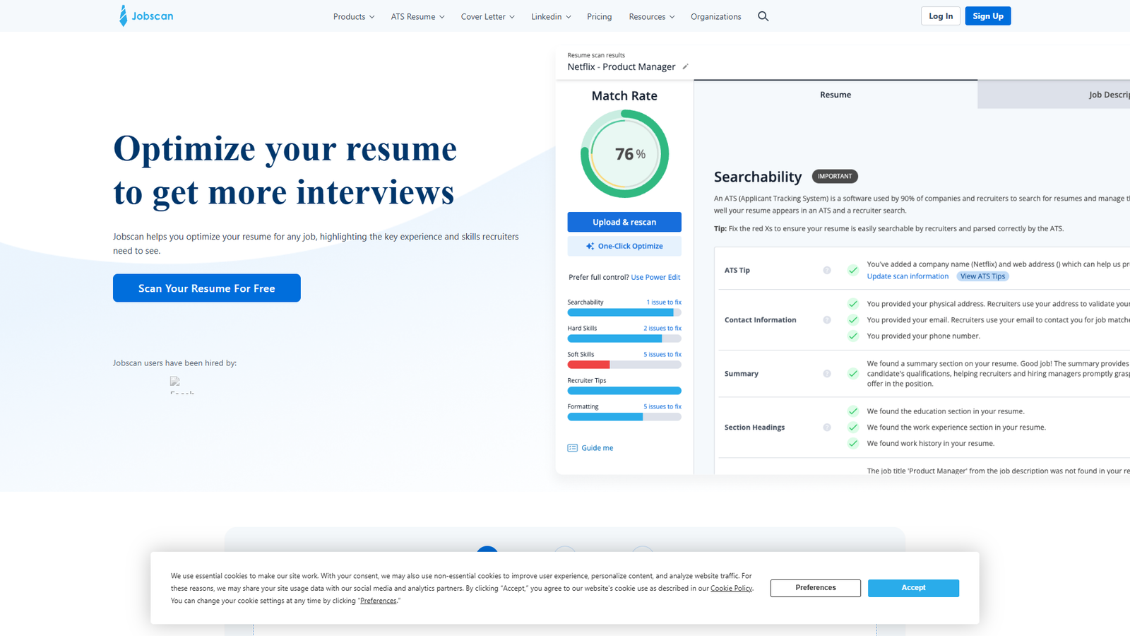 Jobscan ATS Resume Checker — интерфейс нейросети Jobscan ATS Resume Checker — интерфейс нейросети