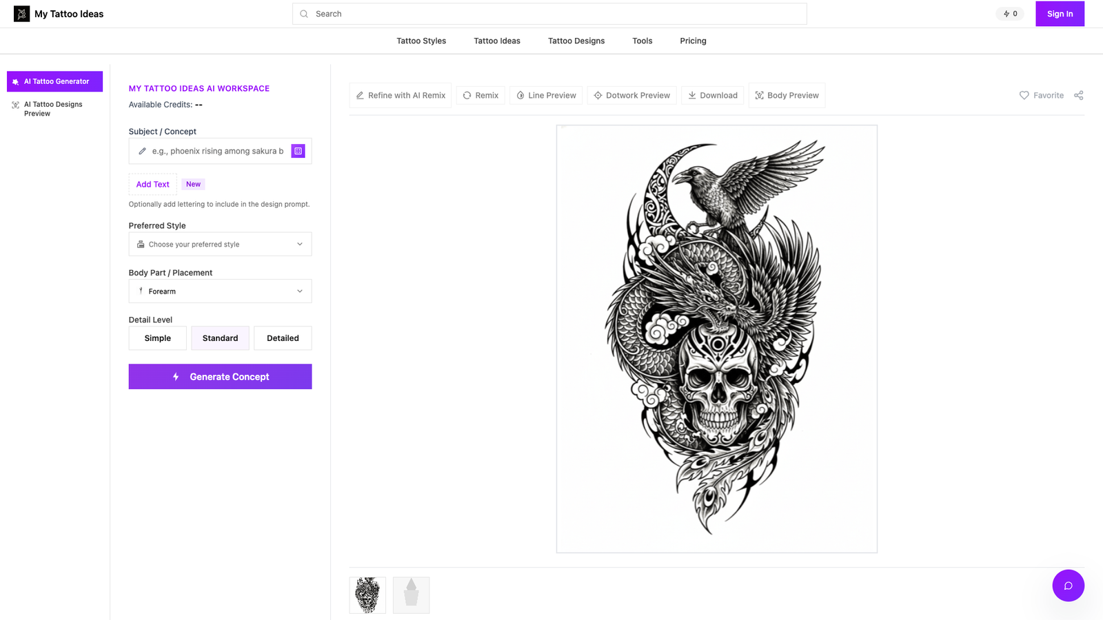 My Tattoo Ideas — интерфейс нейросети