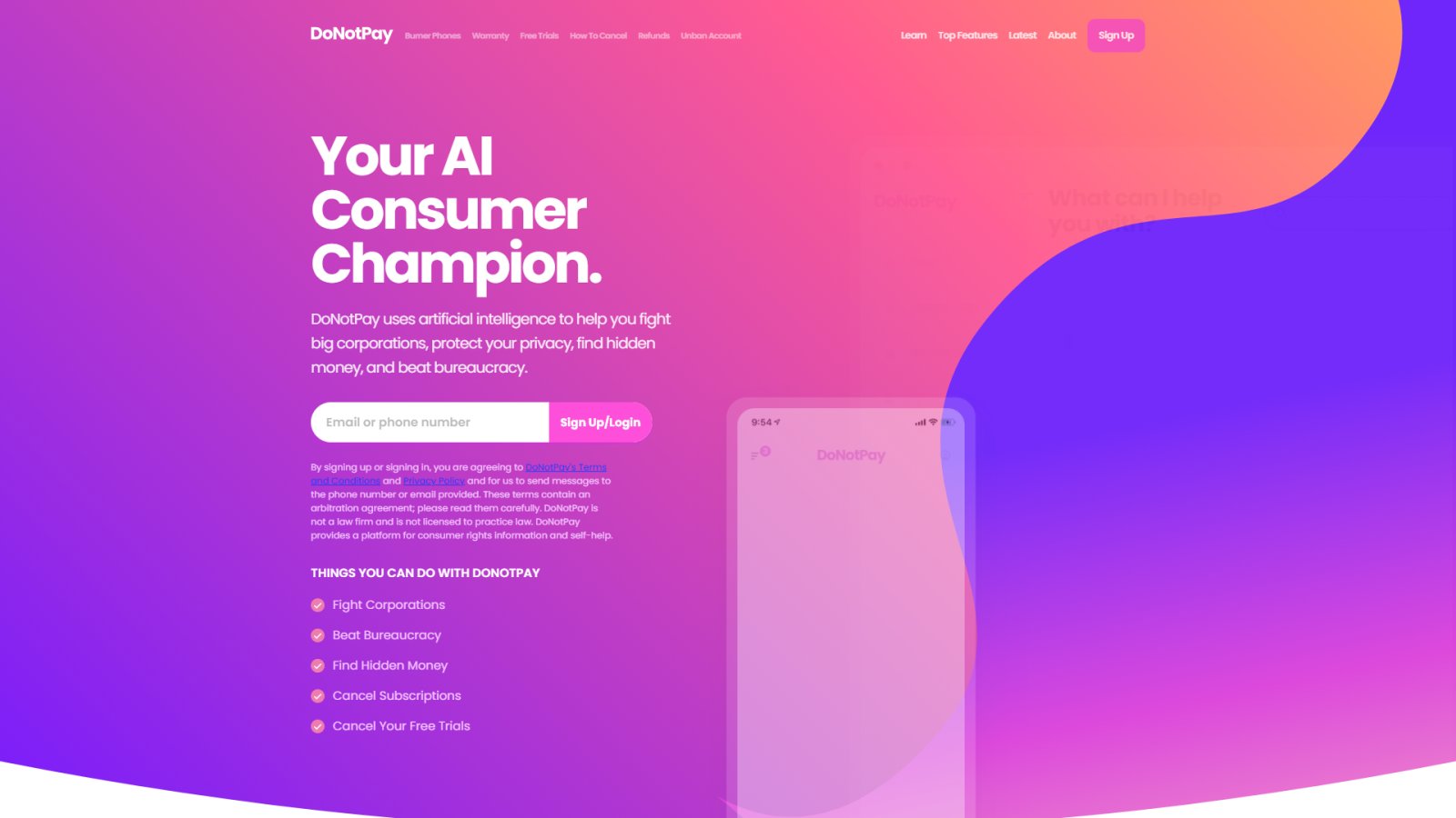 DoNotPay нейросеть Главная страница