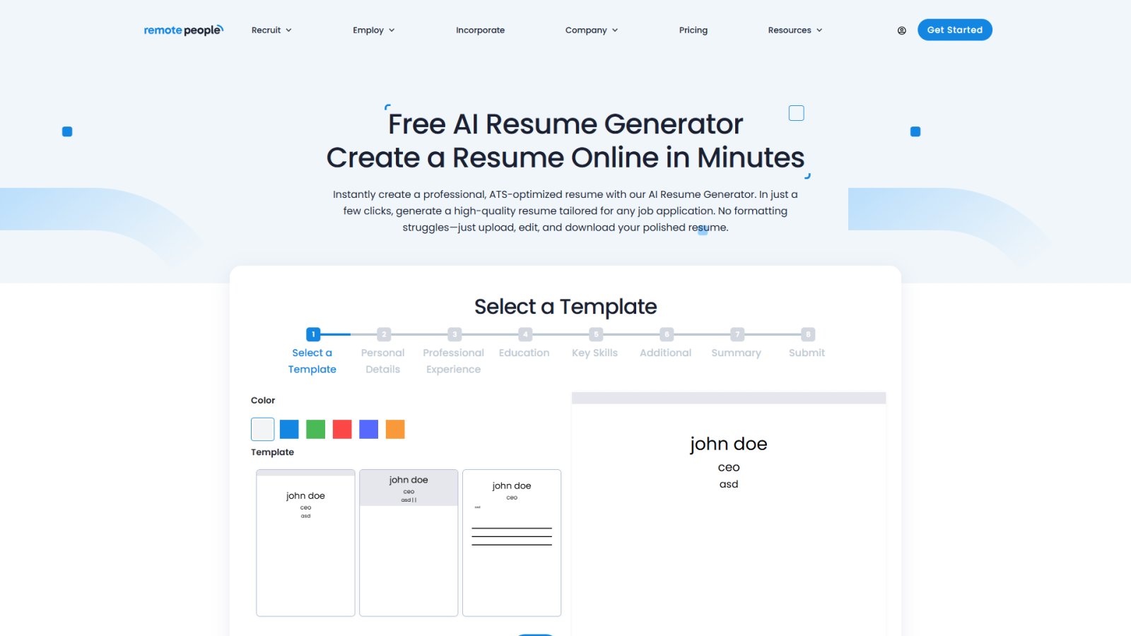 Free AI Resume Generator нейросеть Главная страница