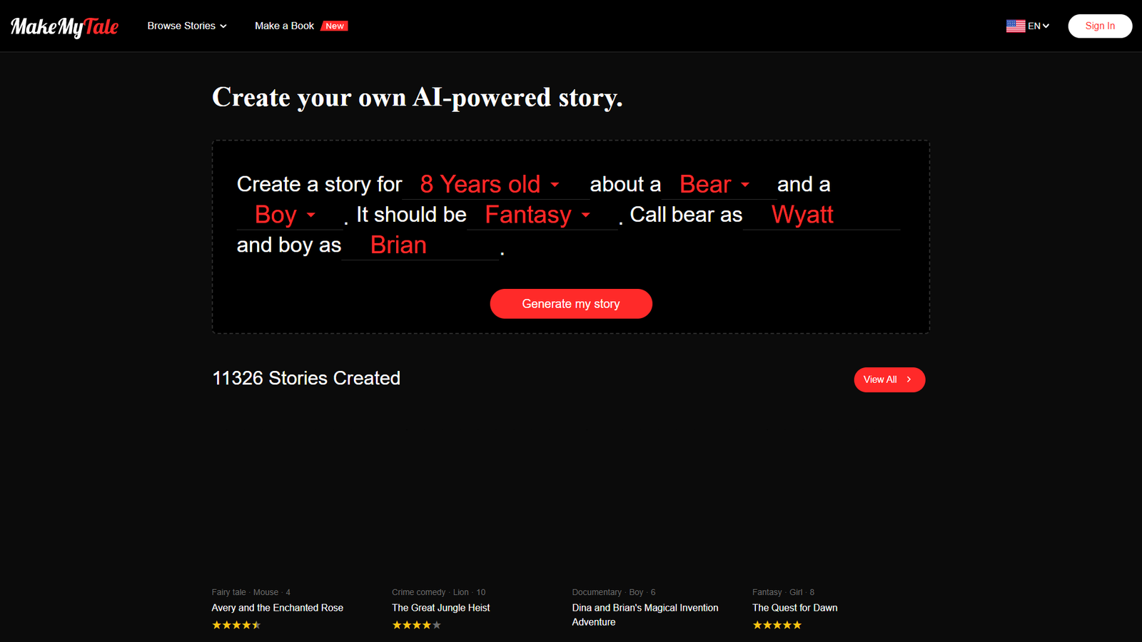 MakeMyTale — интерфейс нейросети MakeMyTale — интерфейс нейросети