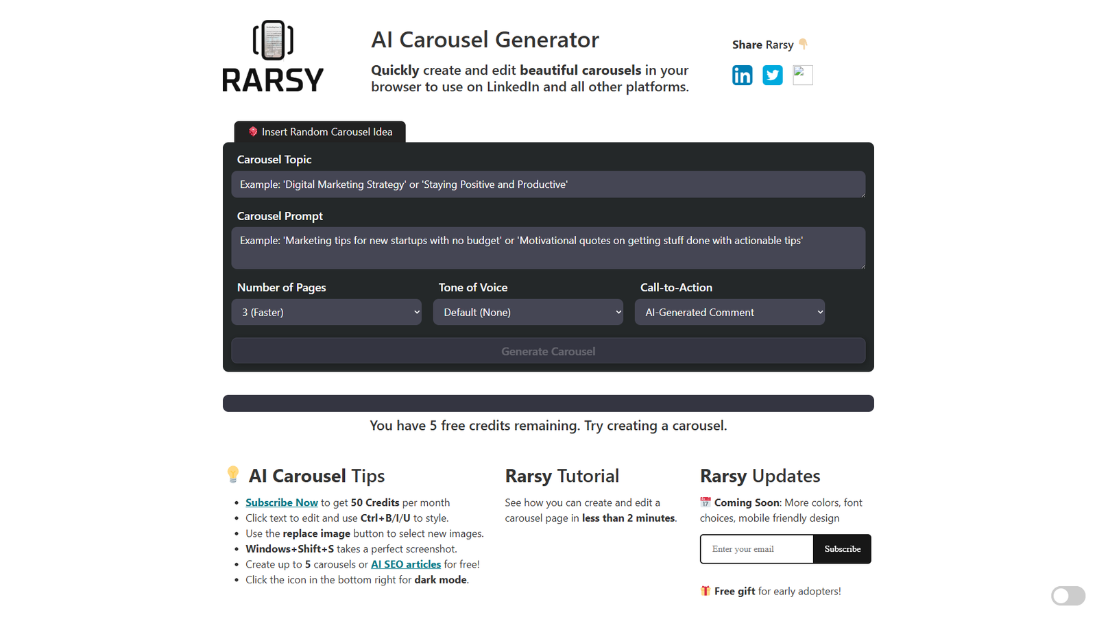 Rarsy AI Carousel Generator — интерфейс нейросети Rarsy AI Carousel Generator — интерфейс нейросети