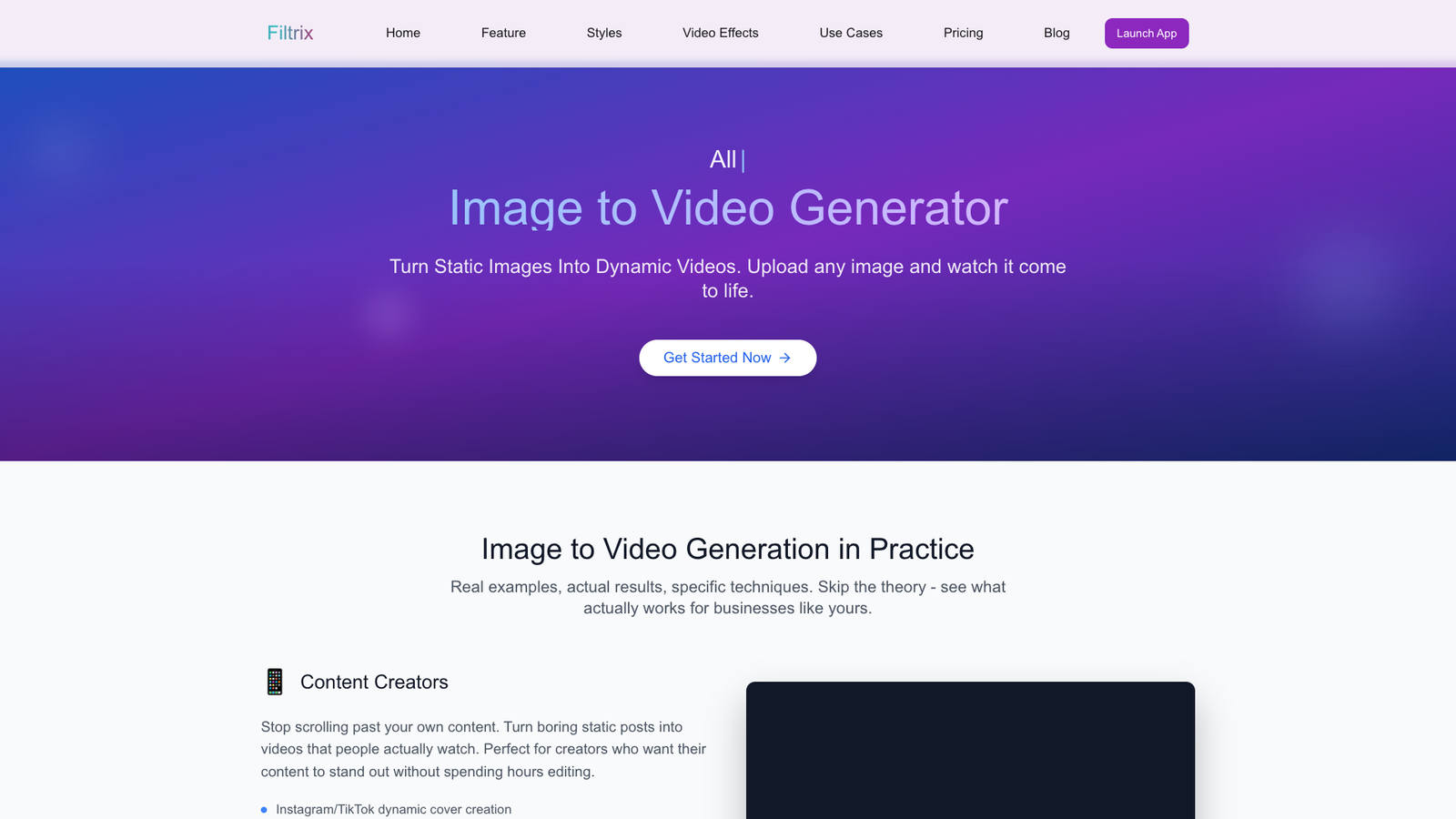 Filtrix Image to Video — интерфейс нейросети