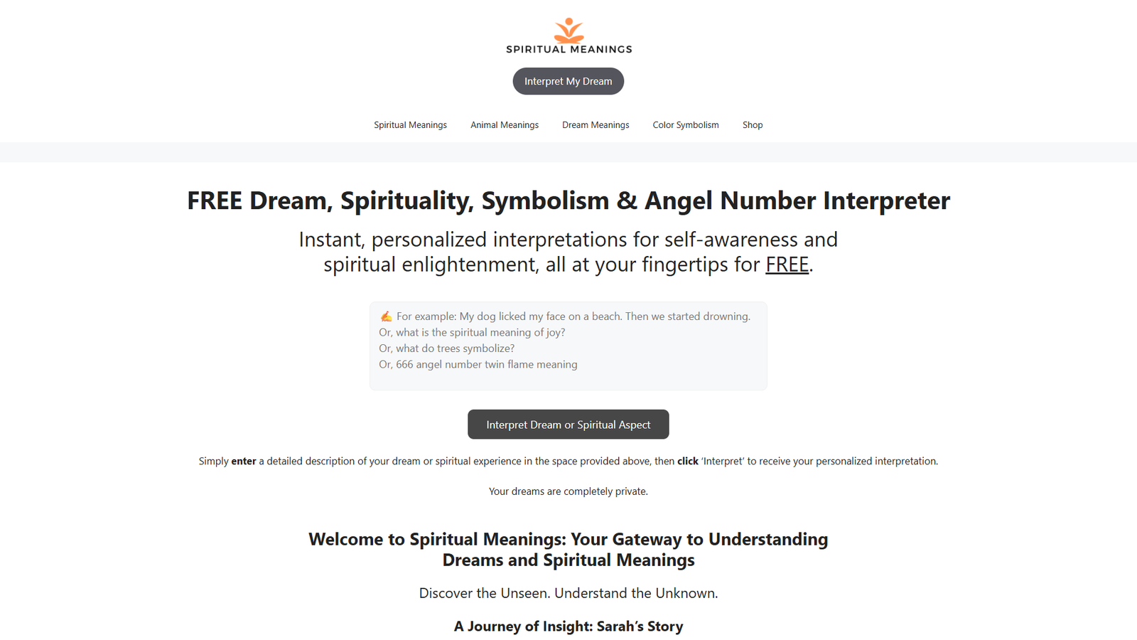 Spiritual Meanings — интерпретатор снов и духовных символов — интерфейс нейросети Spiritual Meanings — интерпретатор снов и духовных символов — интерфейс нейросети