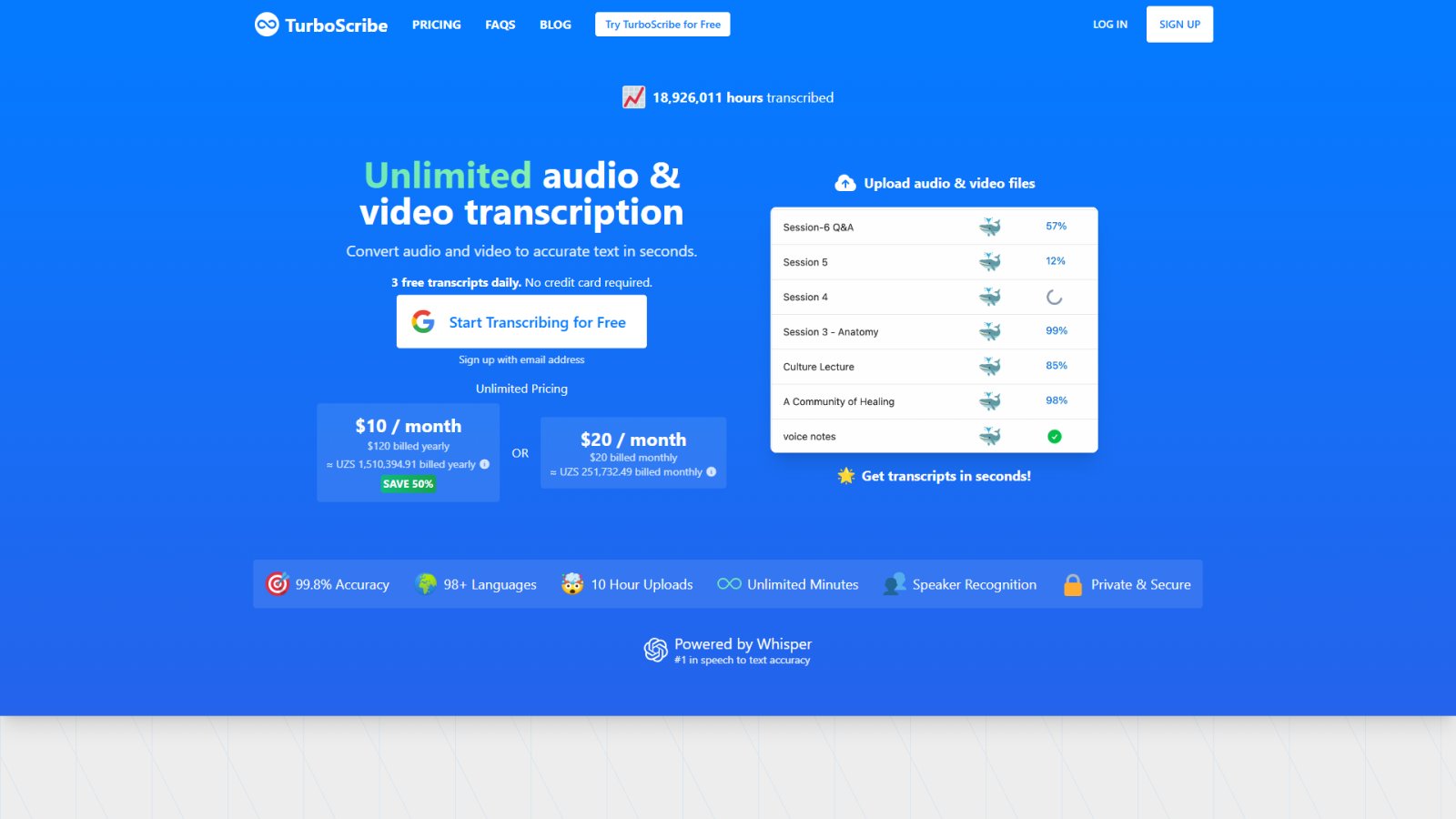 TurboScribe нейросеть Главная страница
