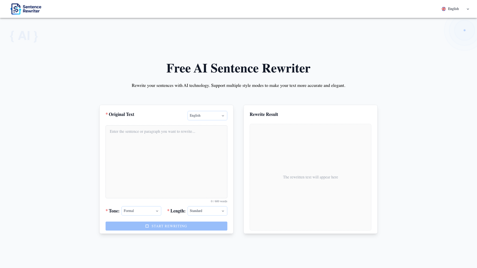 Free AI Sentence Rewriter — интерфейс нейросети