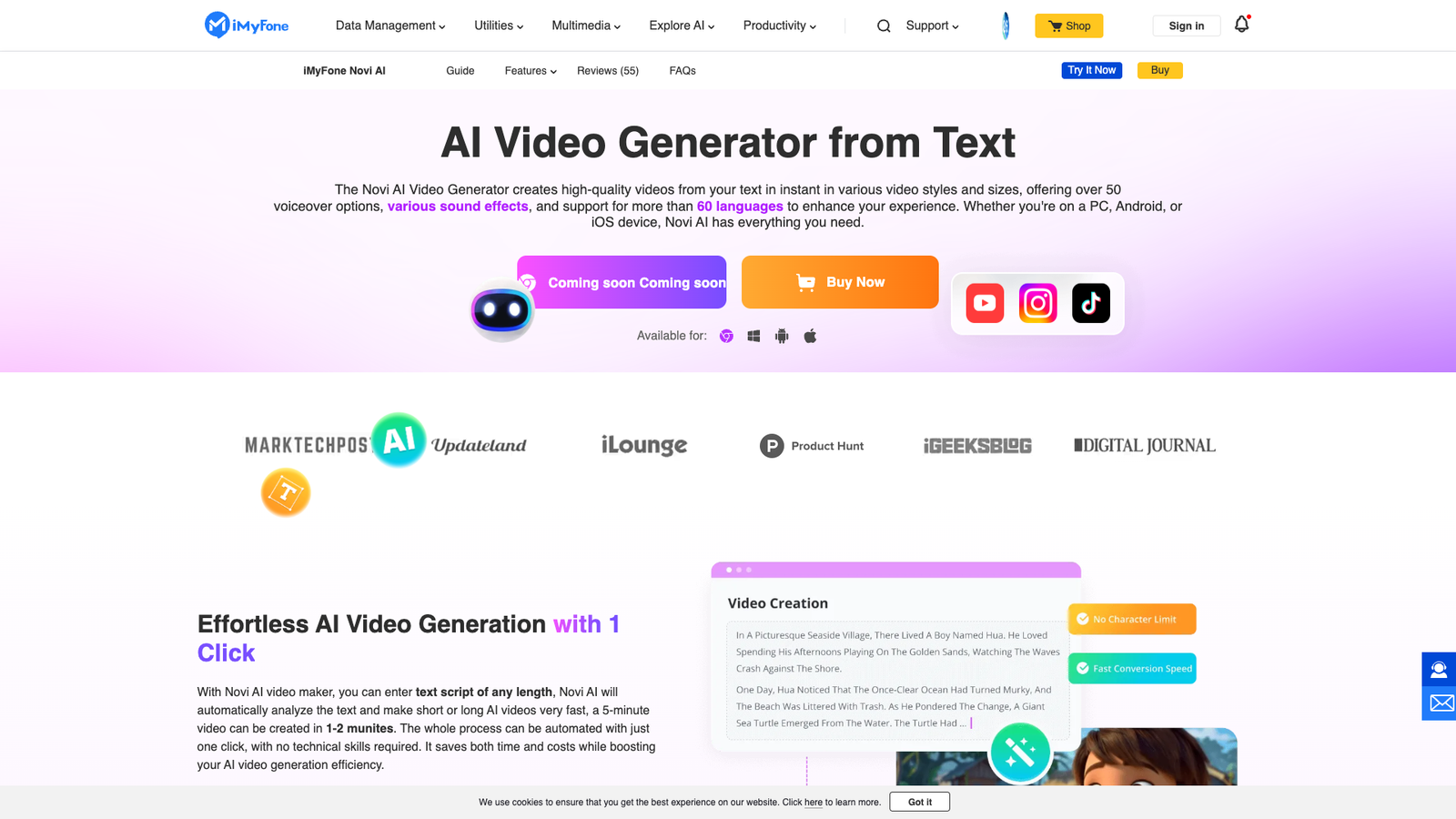 iMyFone Novi AI — интерфейс нейросети