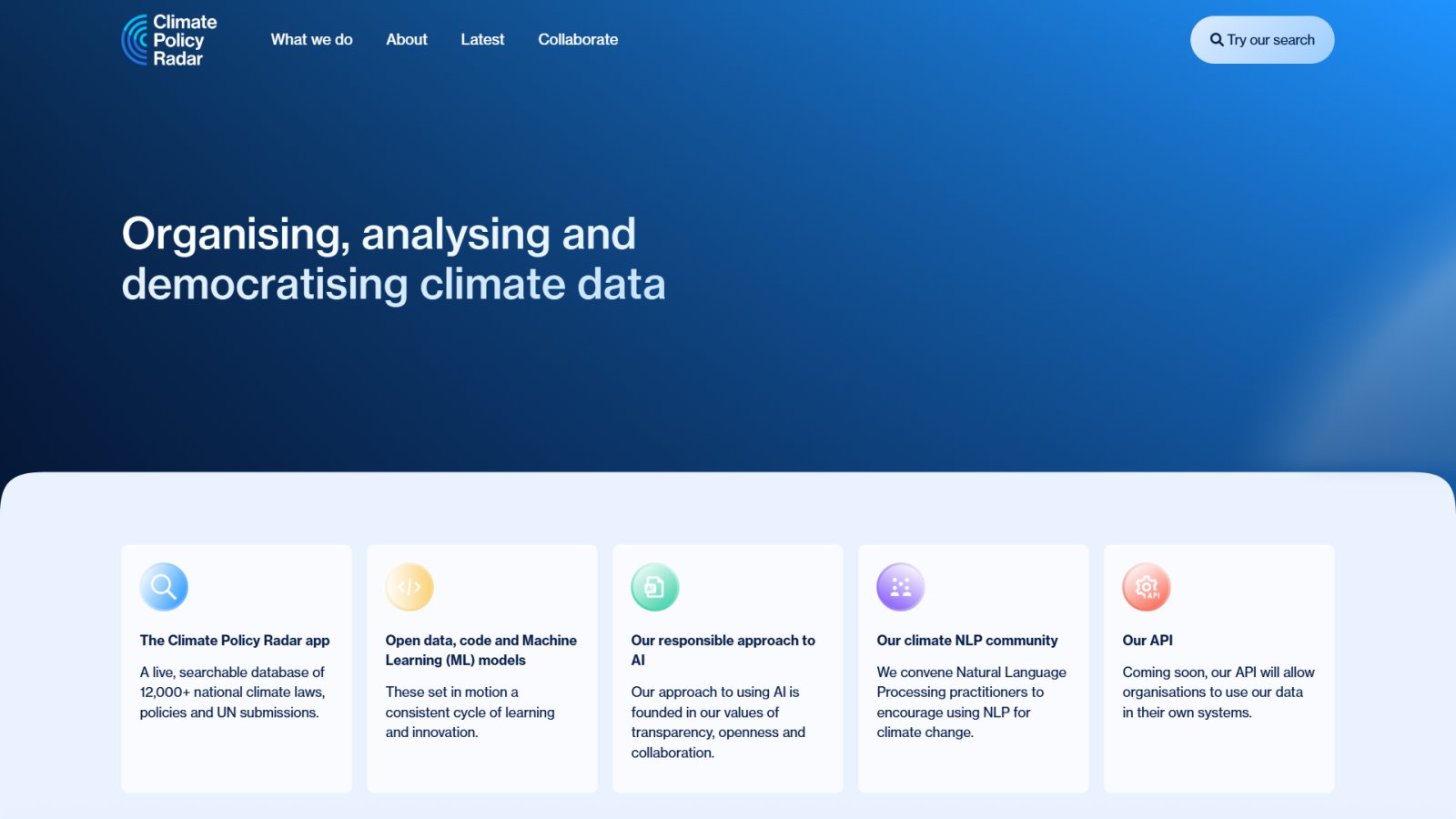 Climate Policy Radar нейросеть Главная страница