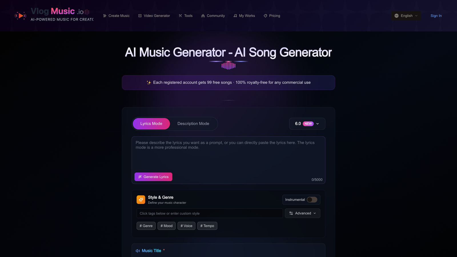 VlogMusic AI Song Generator — интерфейс нейросети VlogMusic AI Song Generator — интерфейс нейросети