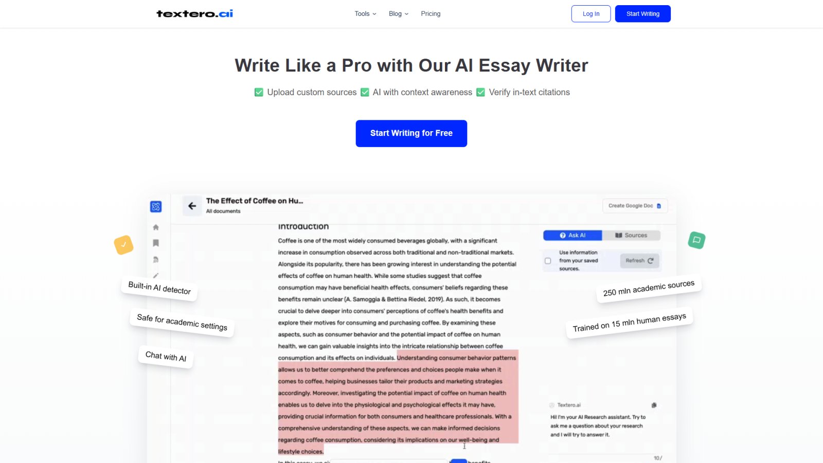 Textero AI Essay Writer нейросеть Главная страница