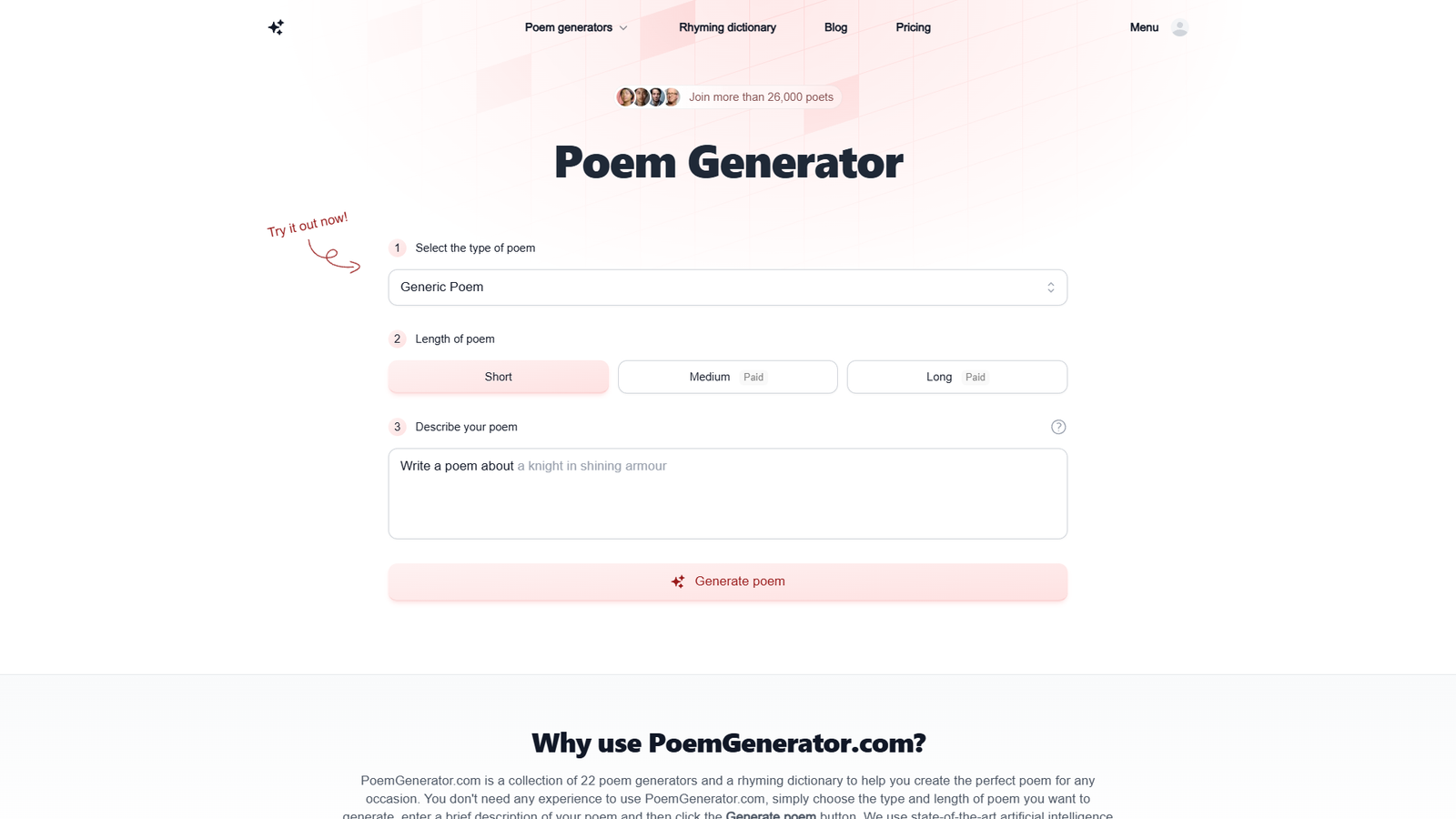 AI Poem Generator (PoemGenerator.com) — интерфейс нейросети AI Poem Generator (PoemGenerator.com) — интерфейс нейросети
