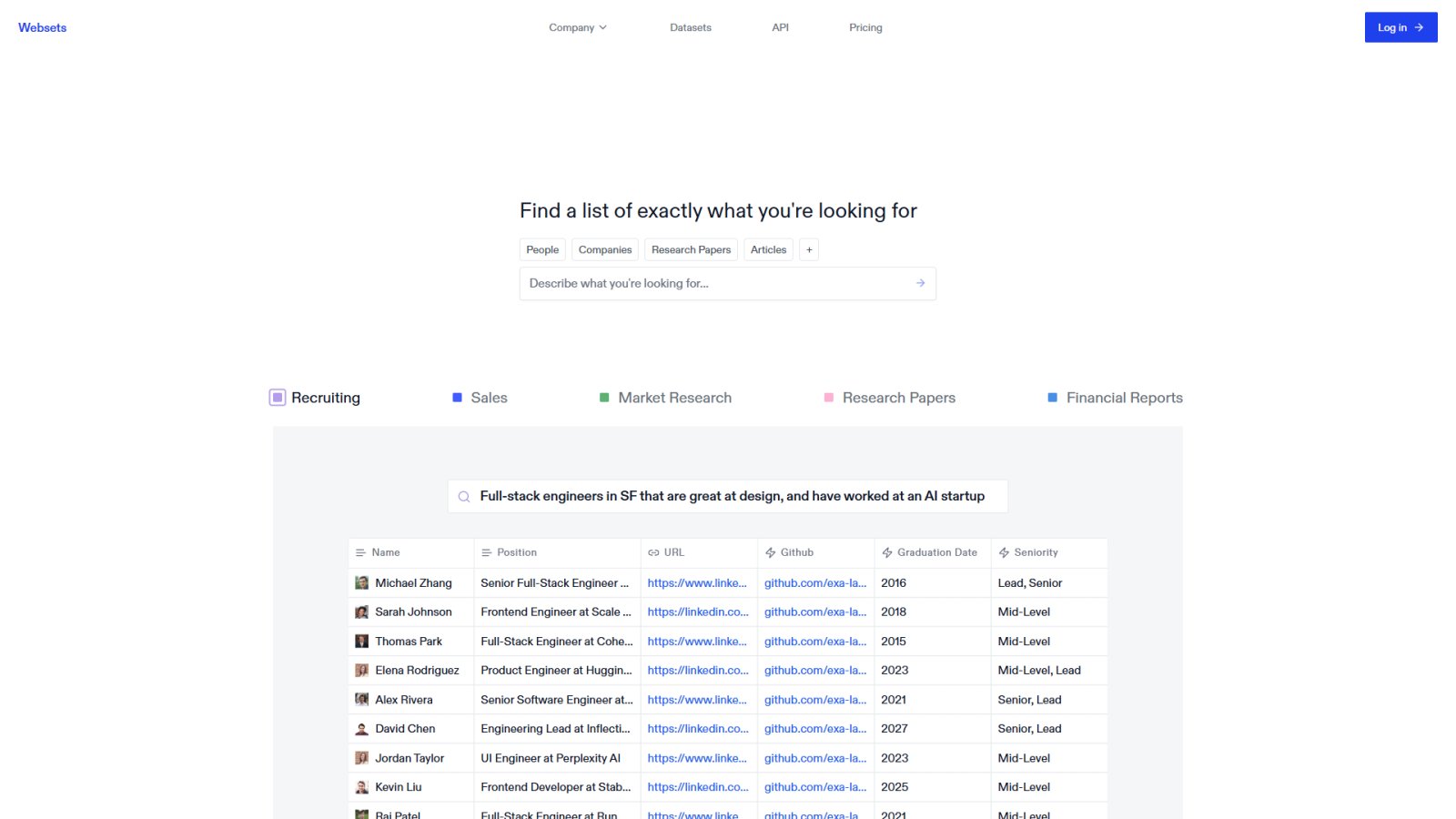 Exa Websets нейросеть Главная страница
