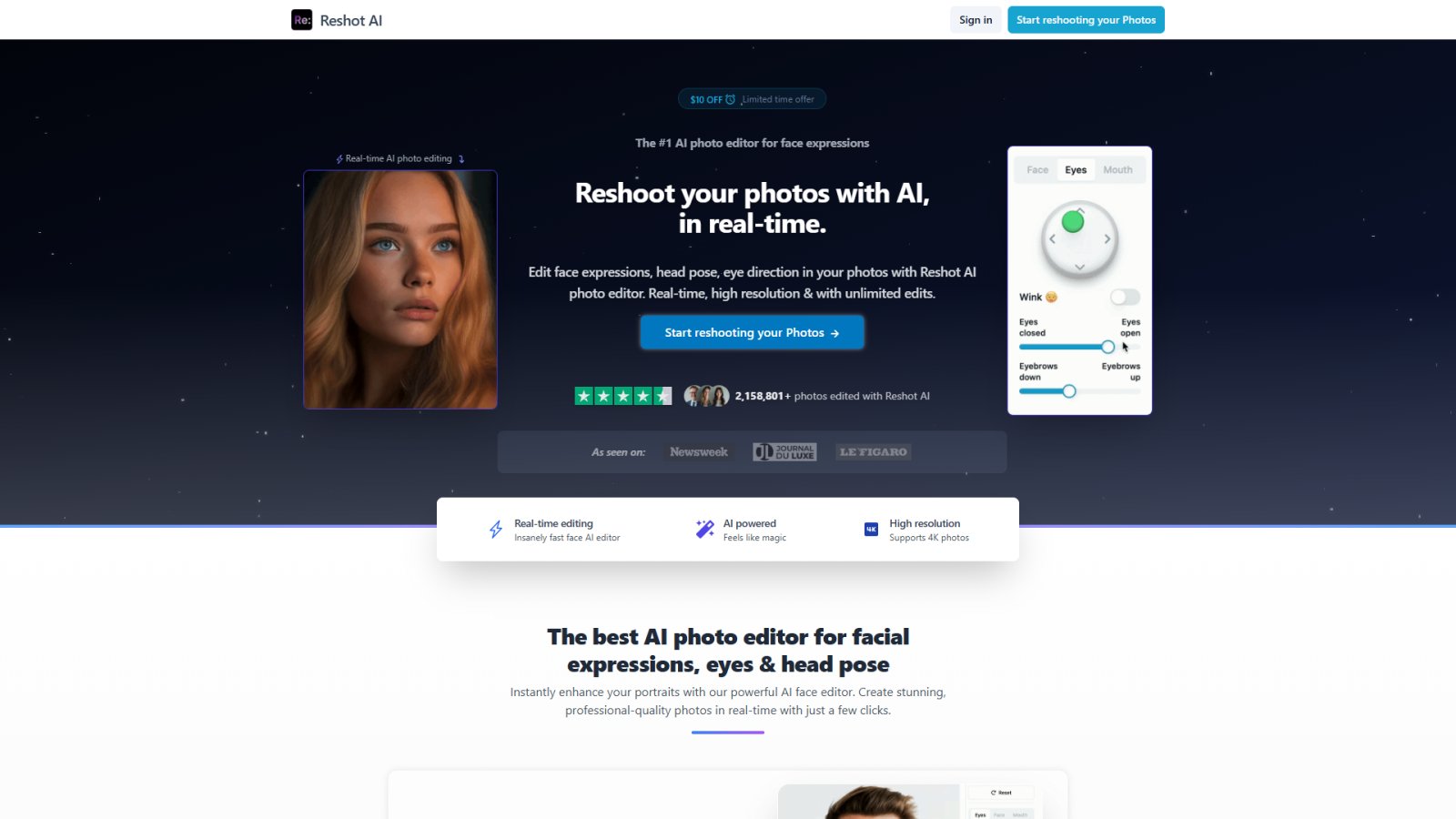 Reshot AI нейросеть Главная страница