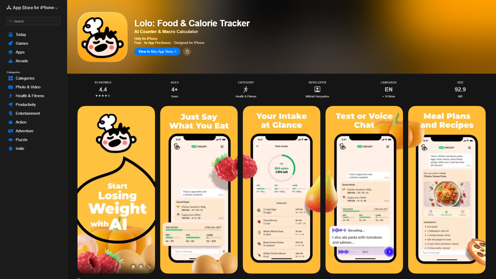 Lolo Food & Calorie Tracker — интерфейс нейросети Lolo Food & Calorie Tracker — интерфейс нейросети