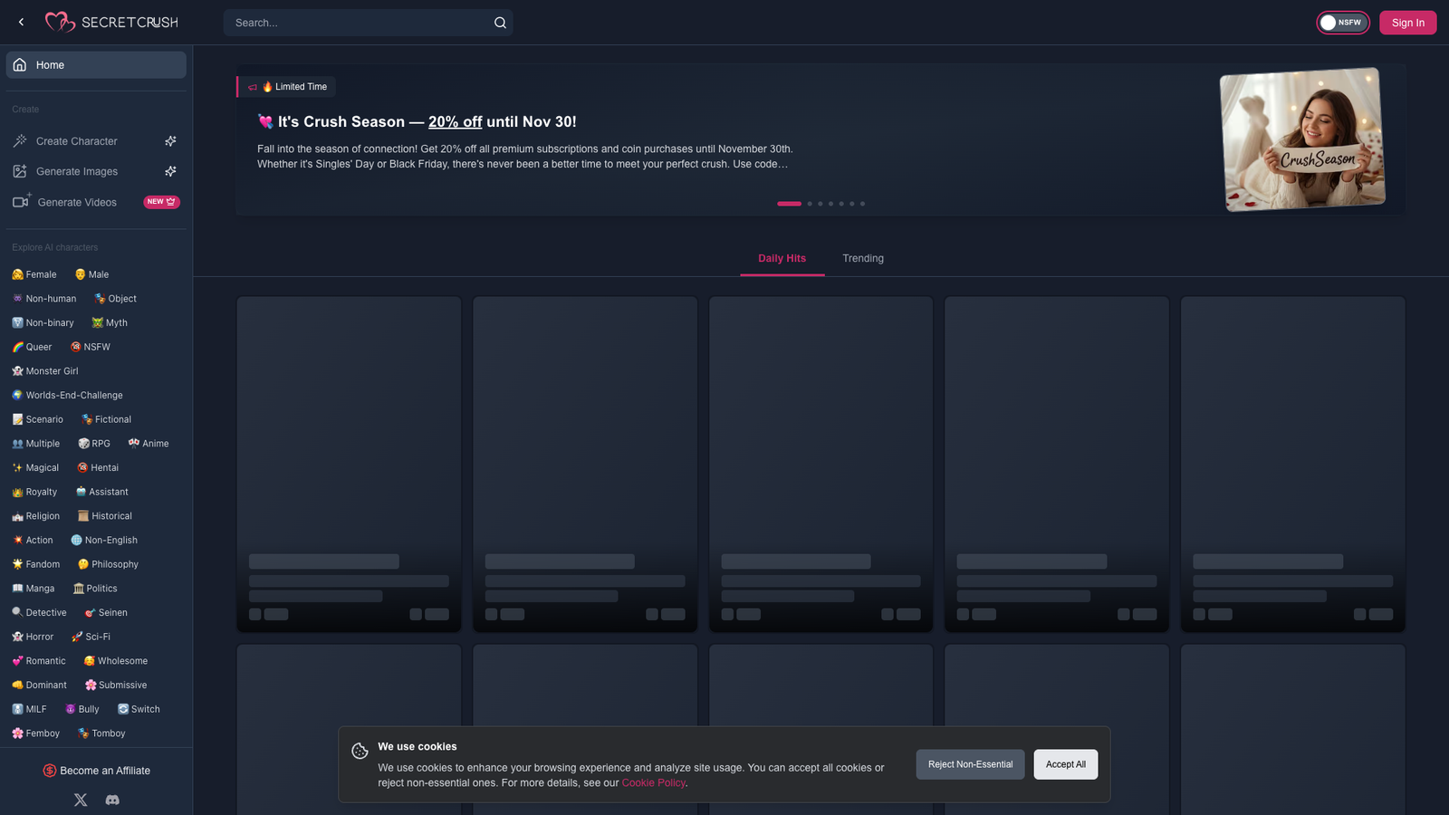 SecretCrush.ai — интерфейс нейросети
