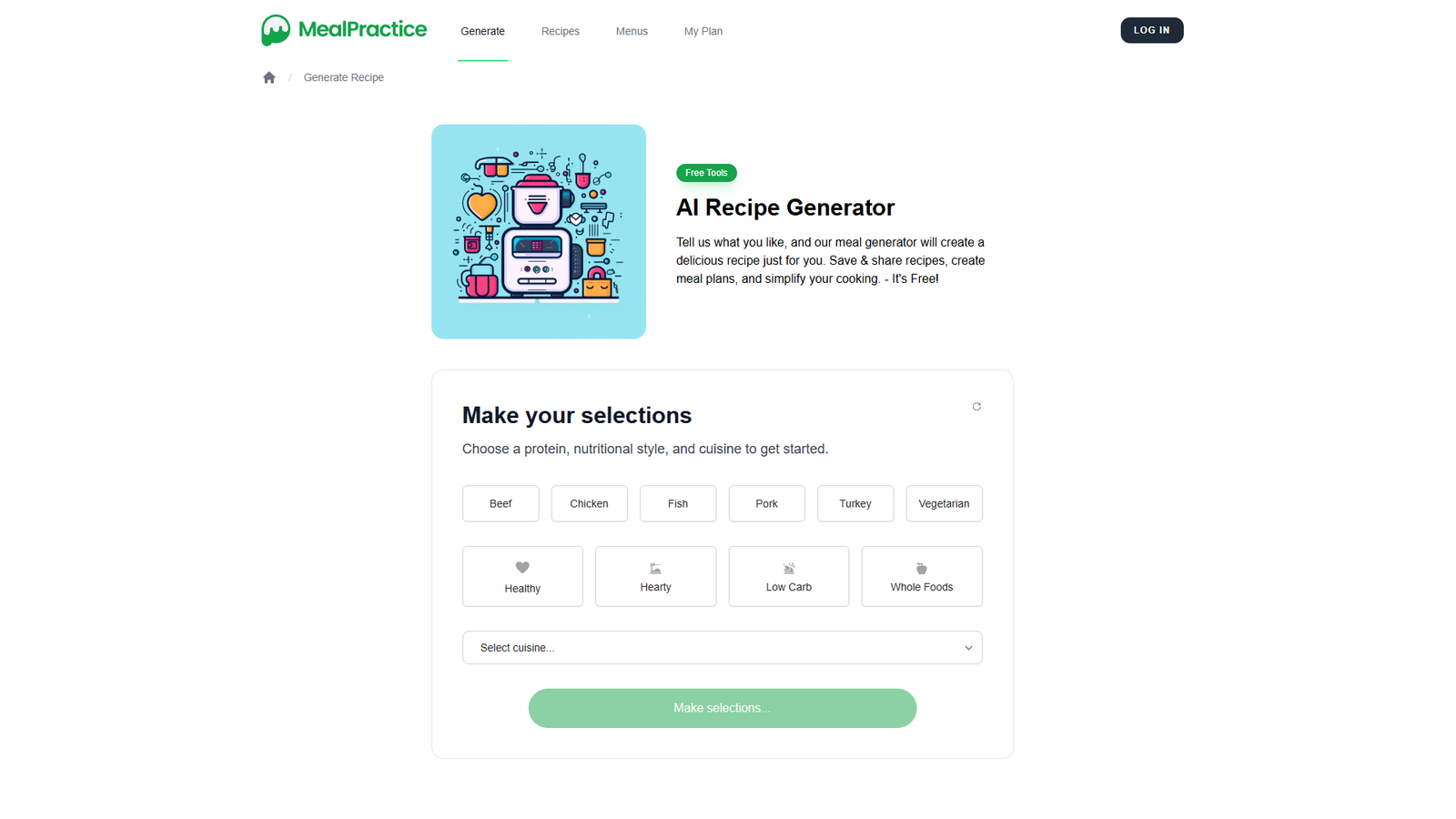 AI Recipe Generator by MealPractice — интерфейс нейросети AI Recipe Generator by MealPractice — интерфейс нейросети