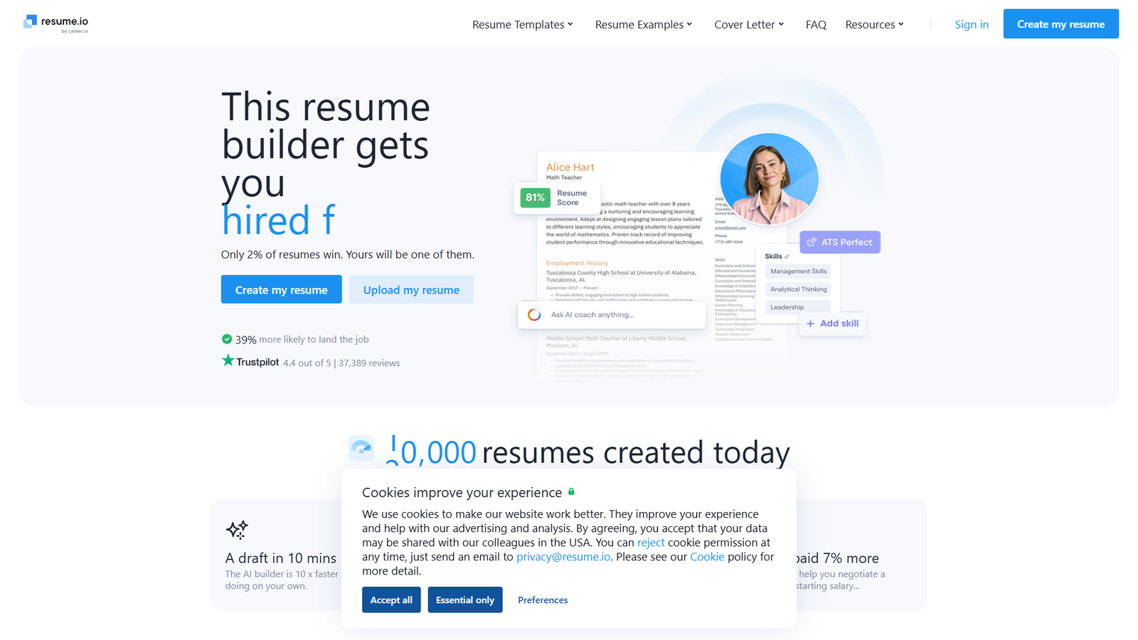Resume.io — Free Resume Builder — интерфейс нейросети Resume.io — Free Resume Builder — интерфейс нейросети