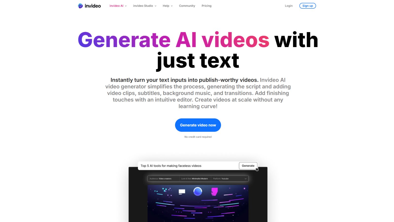 invideo AI нейросеть Главная страница