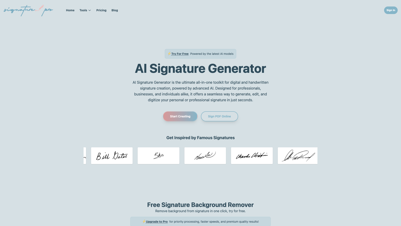 AI Signature Generator — интерфейс нейросети