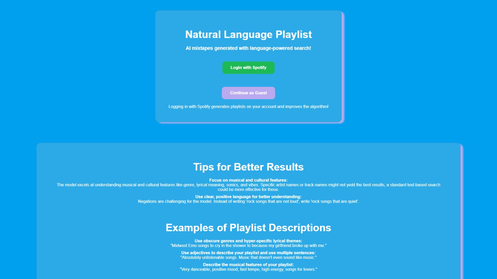Natural Language Playlist нейросеть Главная страница