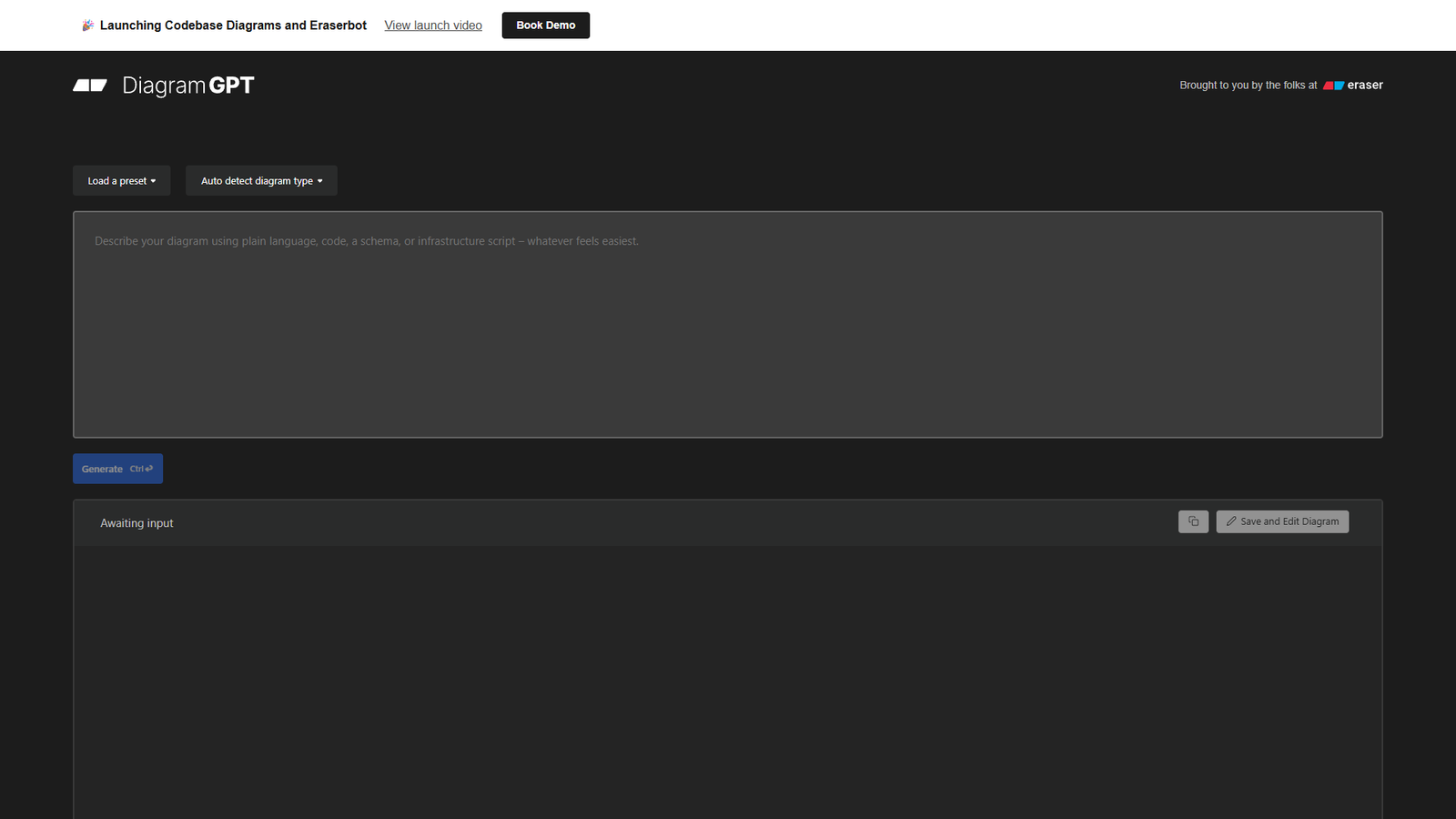 DiagramGPT — AI-генератор диаграмм от Eraser — интерфейс нейросети DiagramGPT — AI-генератор диаграмм от Eraser — интерфейс нейросети