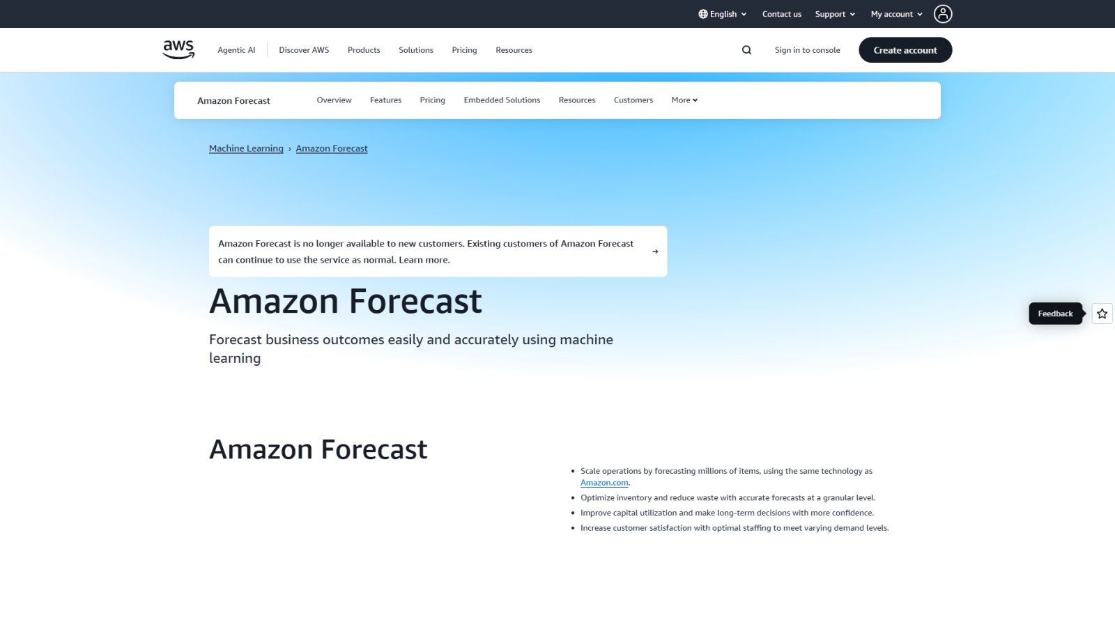 Amazon Forecast нейросеть Главная страница