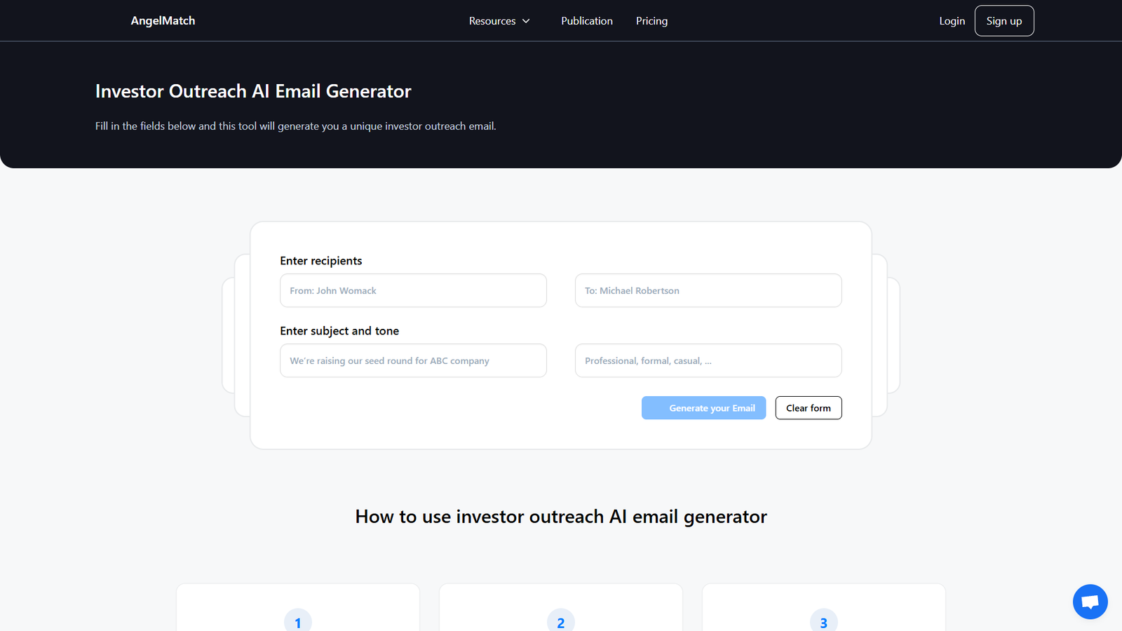 Angel Match Investor Outreach Email Generator — интерфейс нейросети Angel Match Investor Outreach Email Generator — интерфейс нейросети