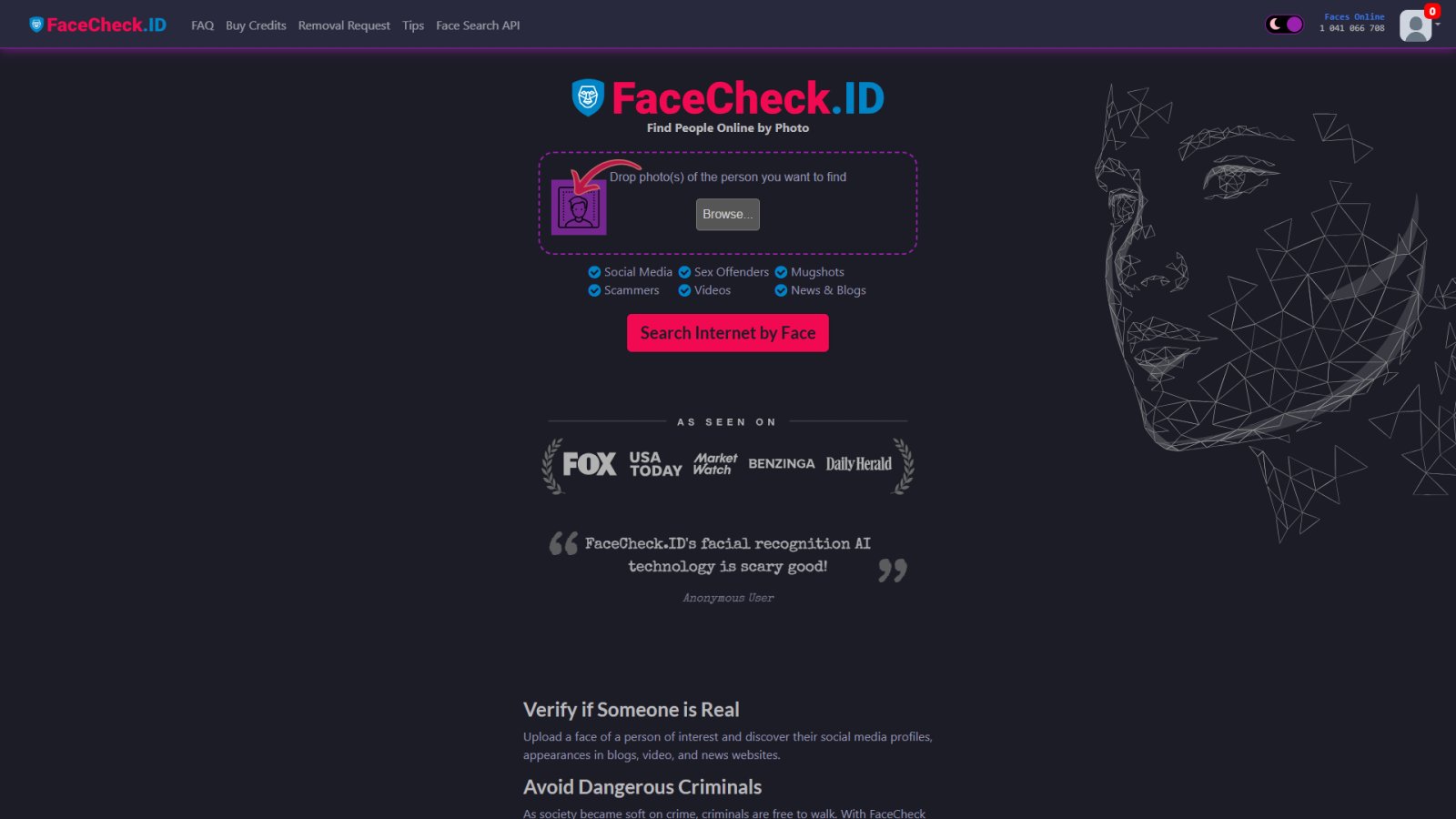 FaceCheck ID нейросеть Главная страница