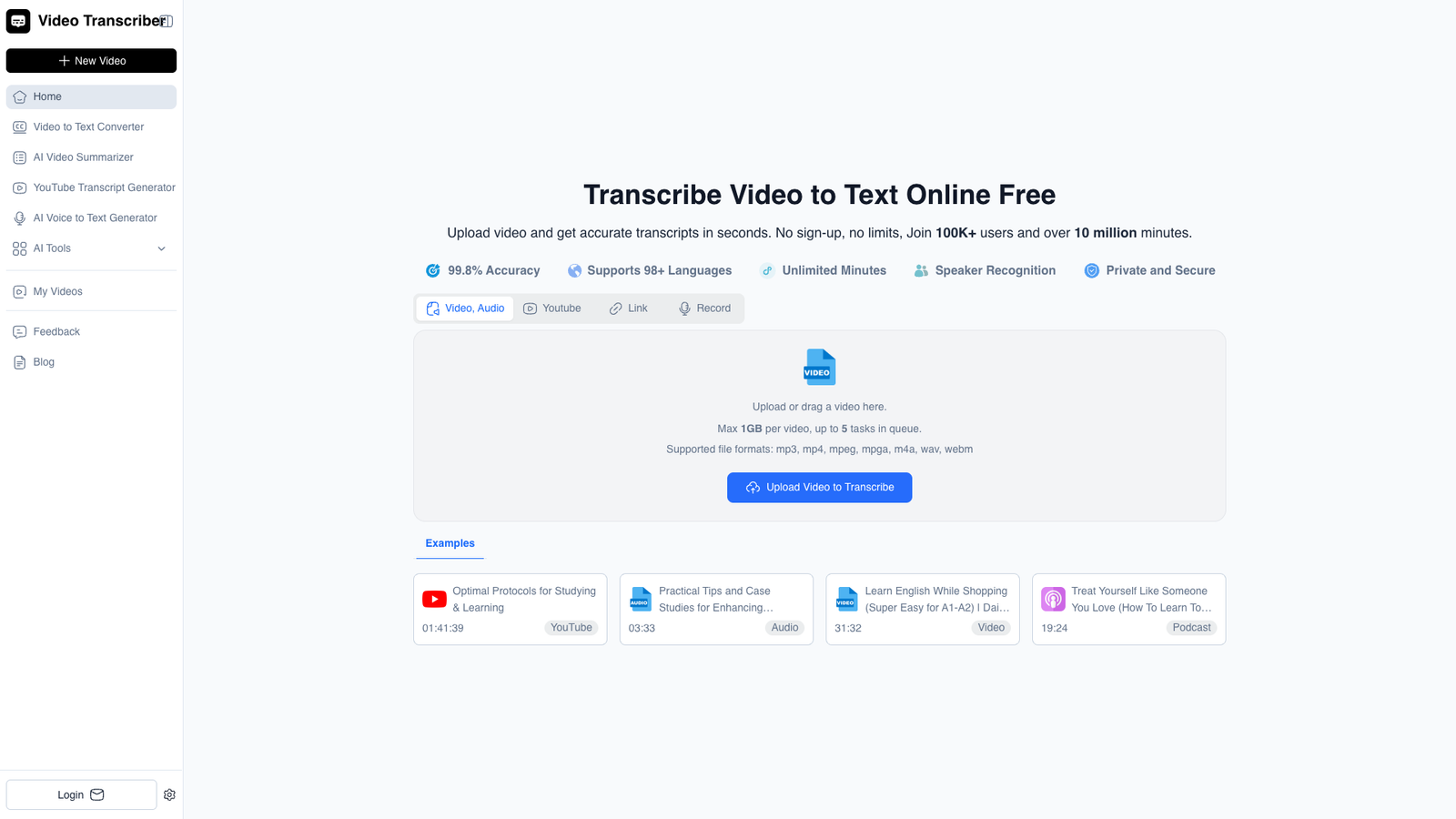 Video Transcriber AI — интерфейс нейросети