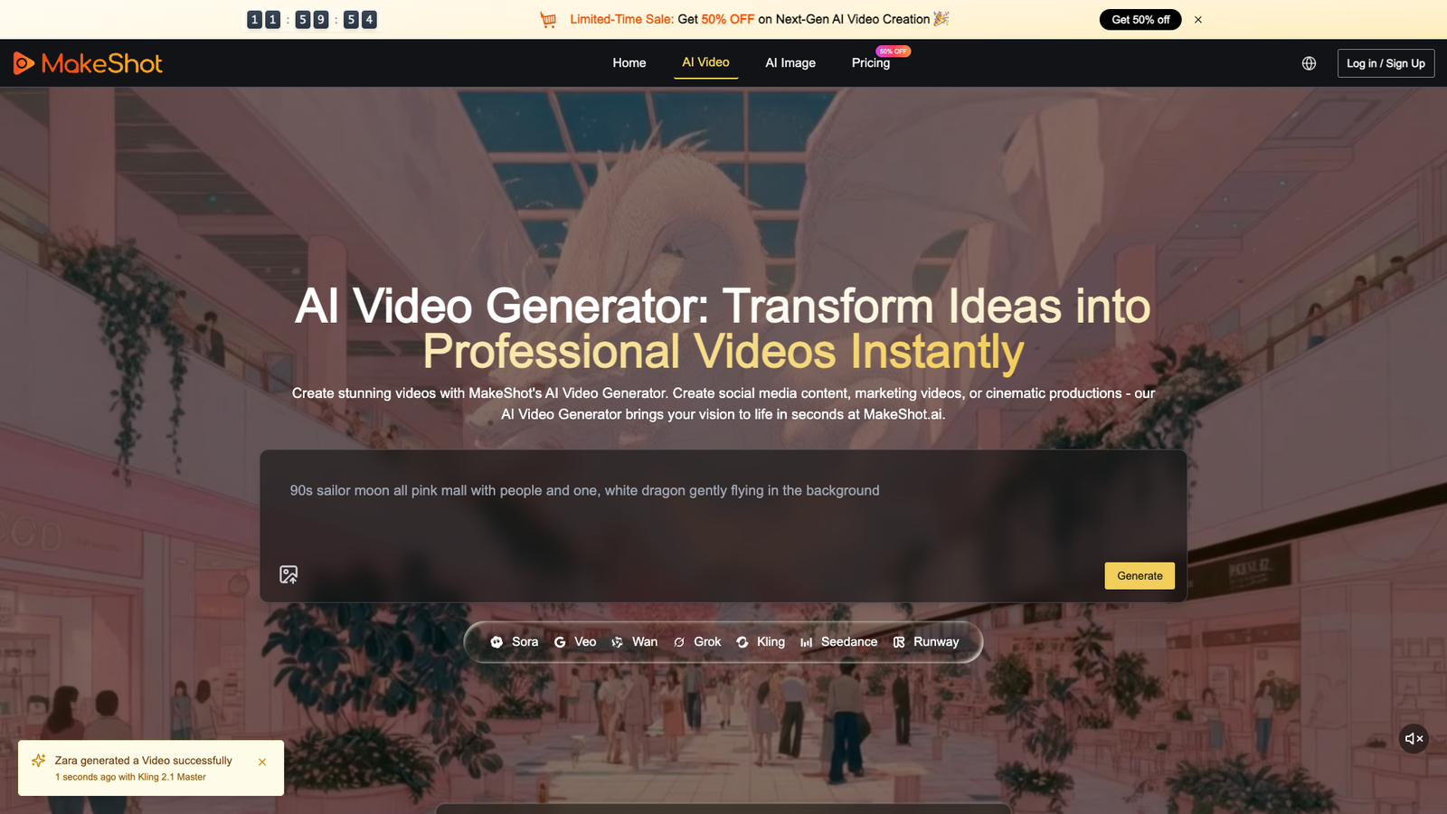 MakeShot AI Video Generator — интерфейс нейросети
