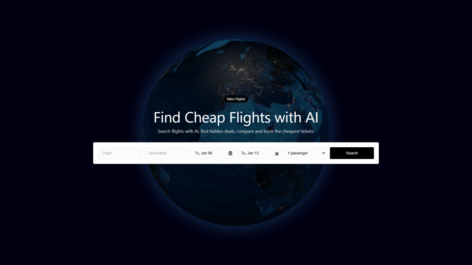 Valor Flights — AI Flight Finder — интерфейс нейросети Valor Flights — AI Flight Finder — интерфейс нейросети