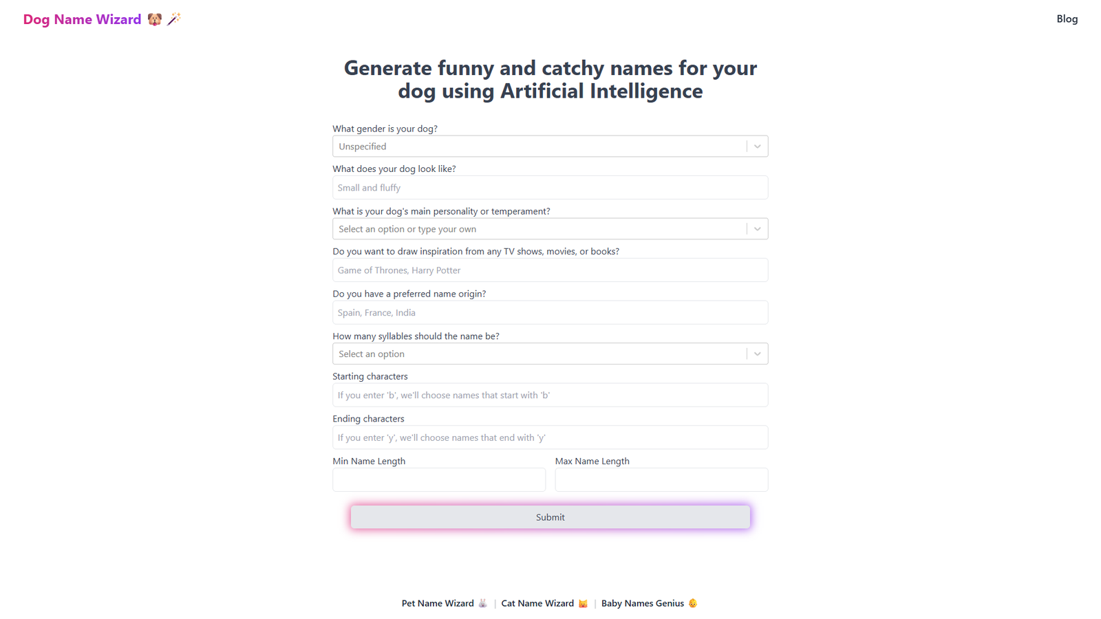 Dog Name Wizard — интерфейс нейросети Dog Name Wizard — интерфейс нейросети