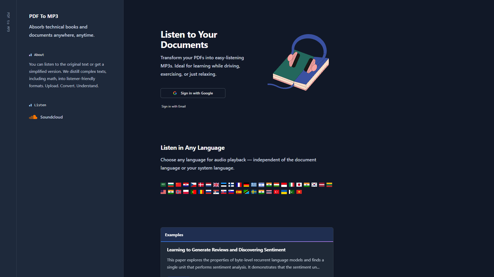 PDF to MP3 — интерфейс нейросети PDF to MP3 — интерфейс нейросети