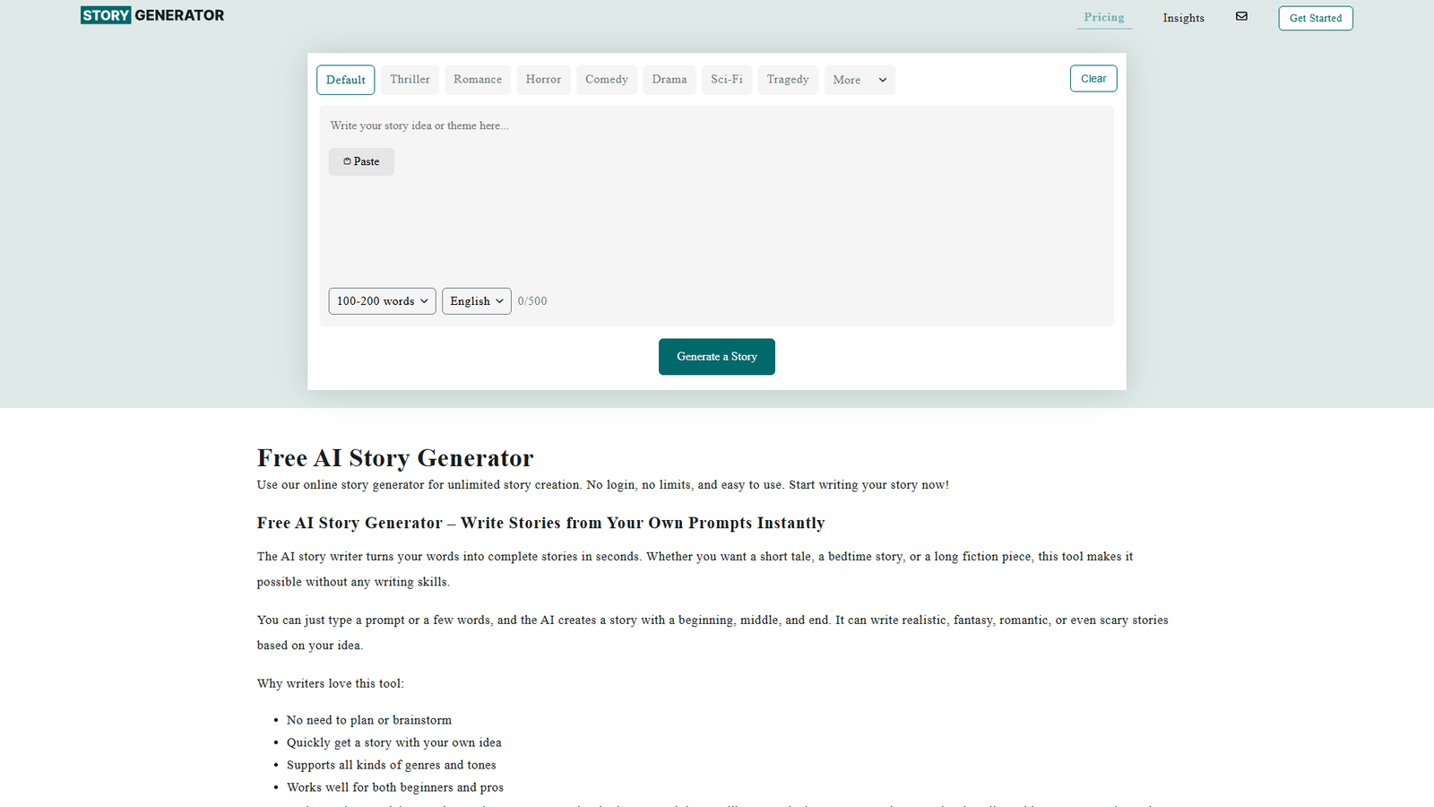 Free AI Story Generator — интерфейс нейросети Free AI Story Generator — интерфейс нейросети
