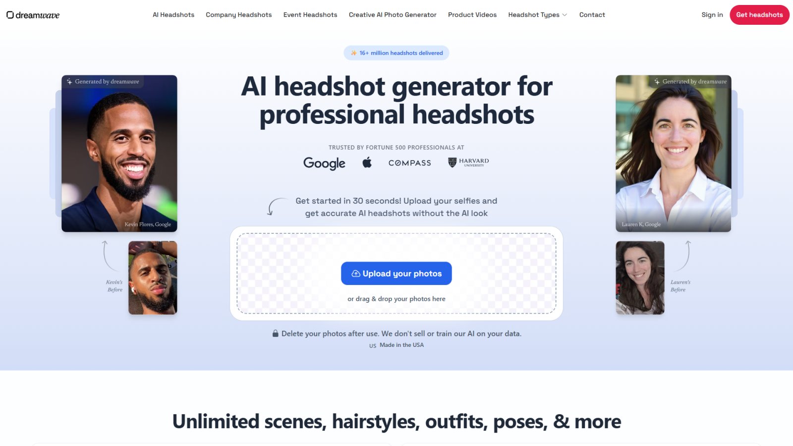 Dreamwave AI Headshot Generator нейросеть Главная страница