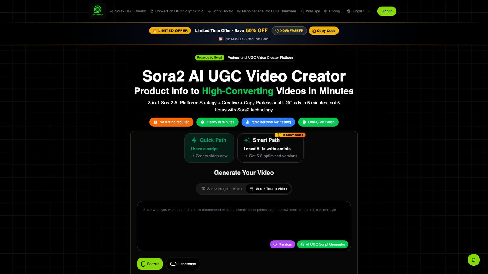 Sora2 AI UGC Video Creator — интерфейс нейросети
