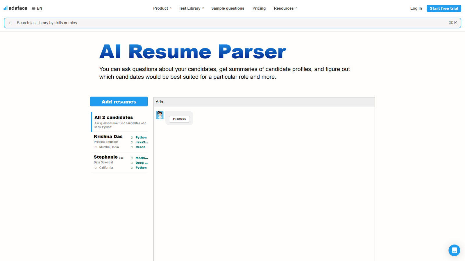AI Resume Parser от Adaface — интерфейс нейросети AI Resume Parser от Adaface — интерфейс нейросети