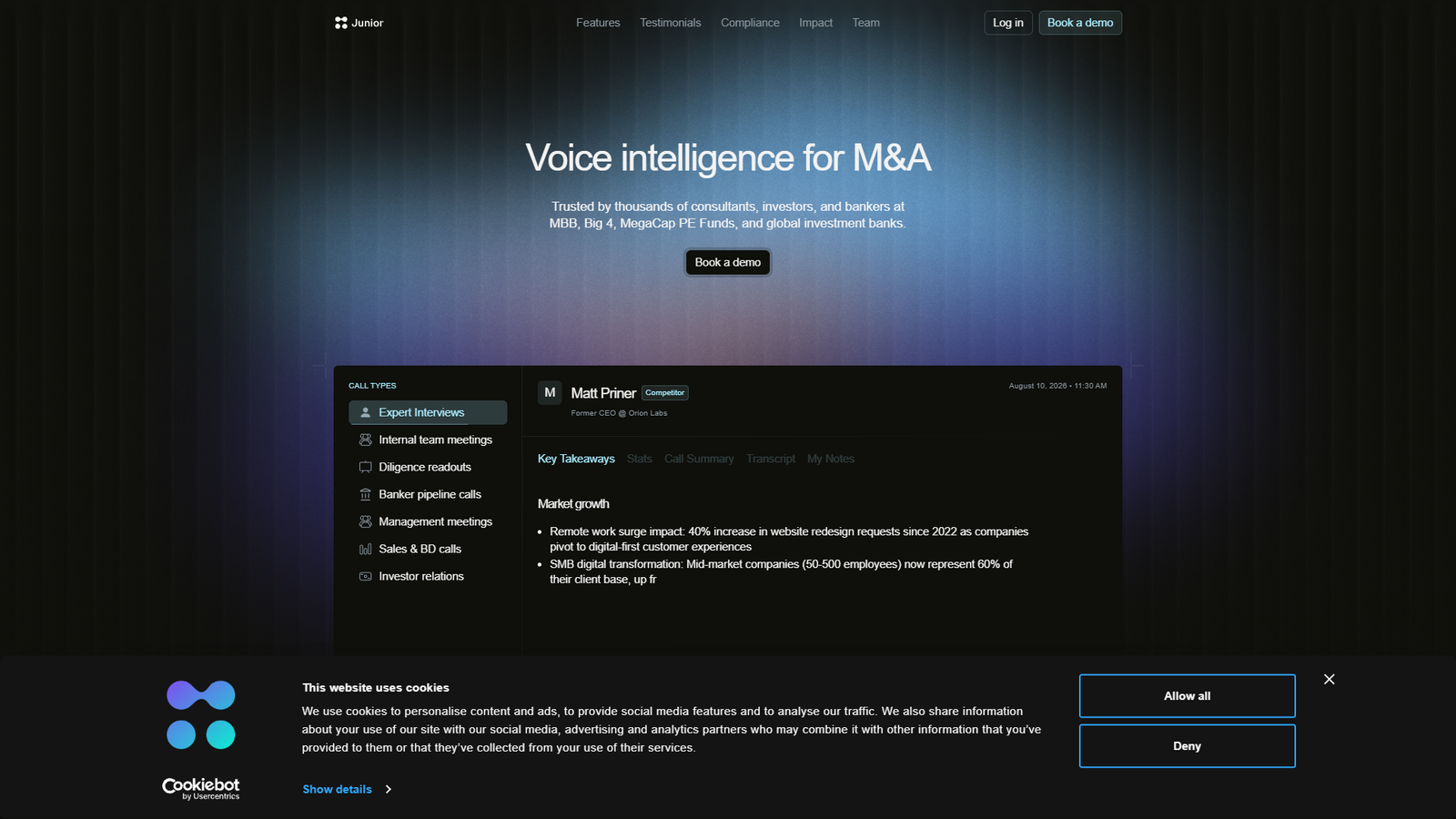Junior Voice Intelligence for M&A — интерфейс нейросети Junior Voice Intelligence for M&A — интерфейс нейросети