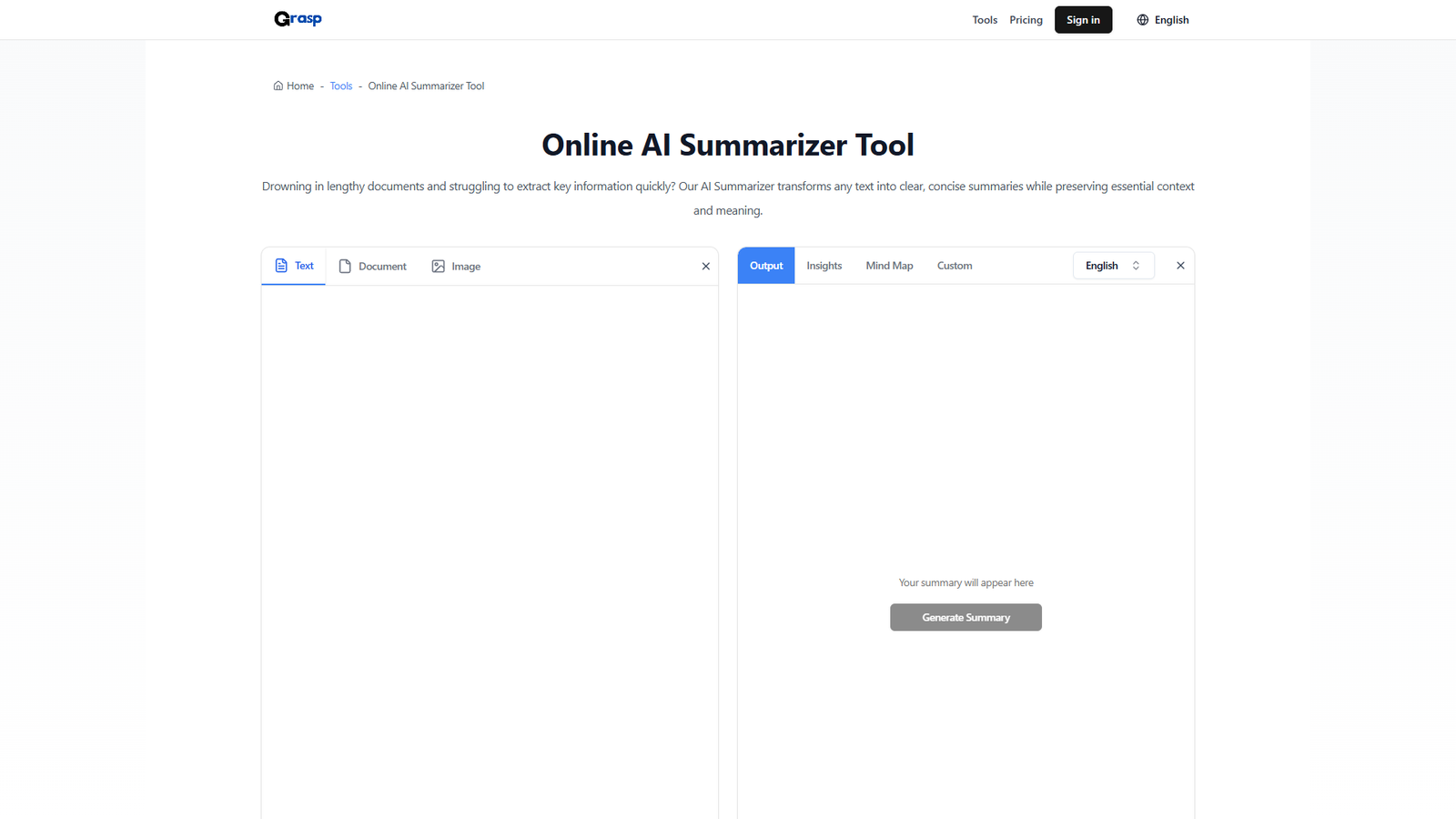 Grasp AI Summarizer — интерфейс нейросети Grasp AI Summarizer — интерфейс нейросети
