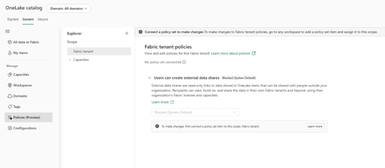 The Policies center in the OneLake catalog, showing the tenant scope with no policy set connected and external data sharing on its system default of Blocked.