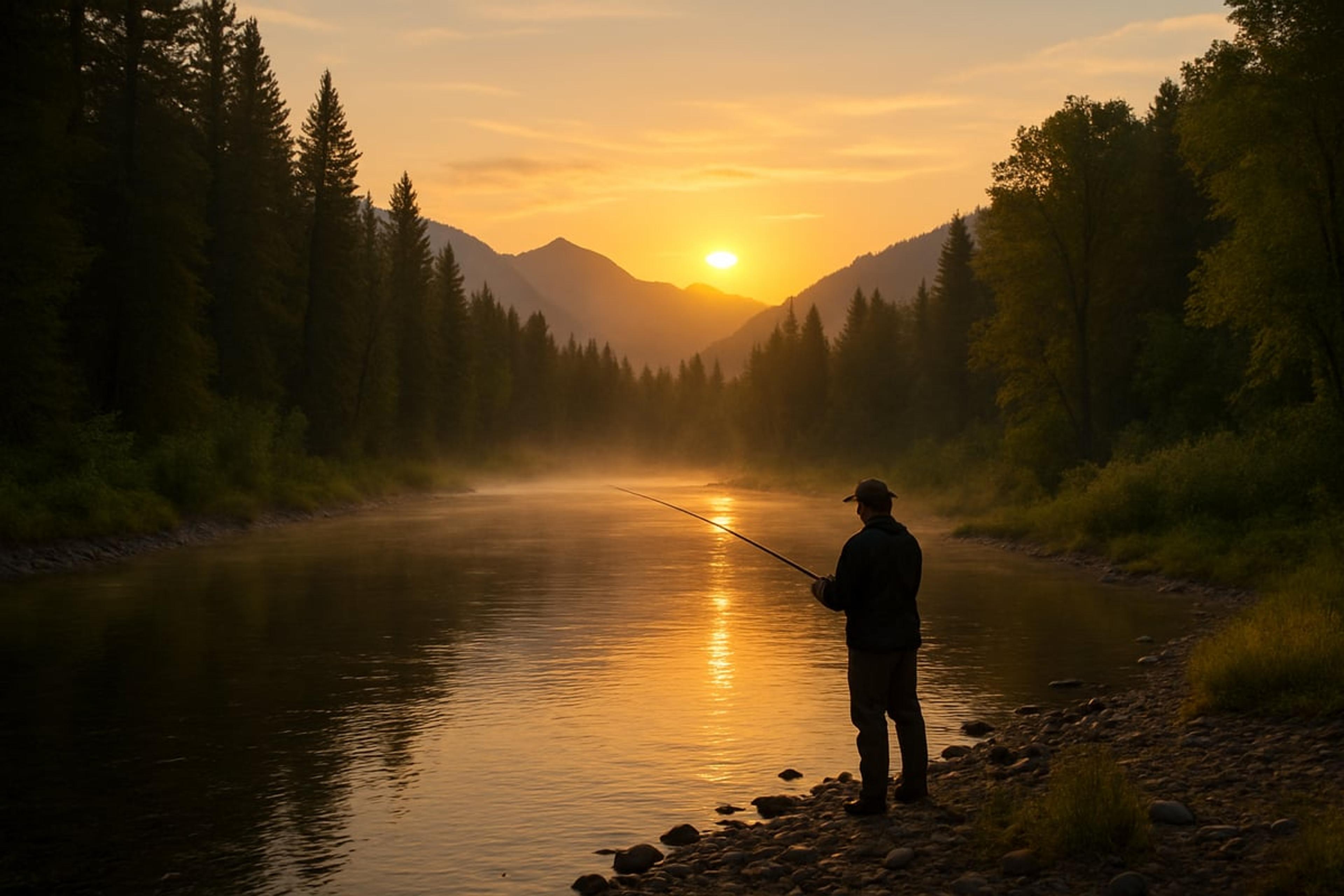 Angler casting from a gravel bank on a quiet river at sunset, with pine forest and mountains behind