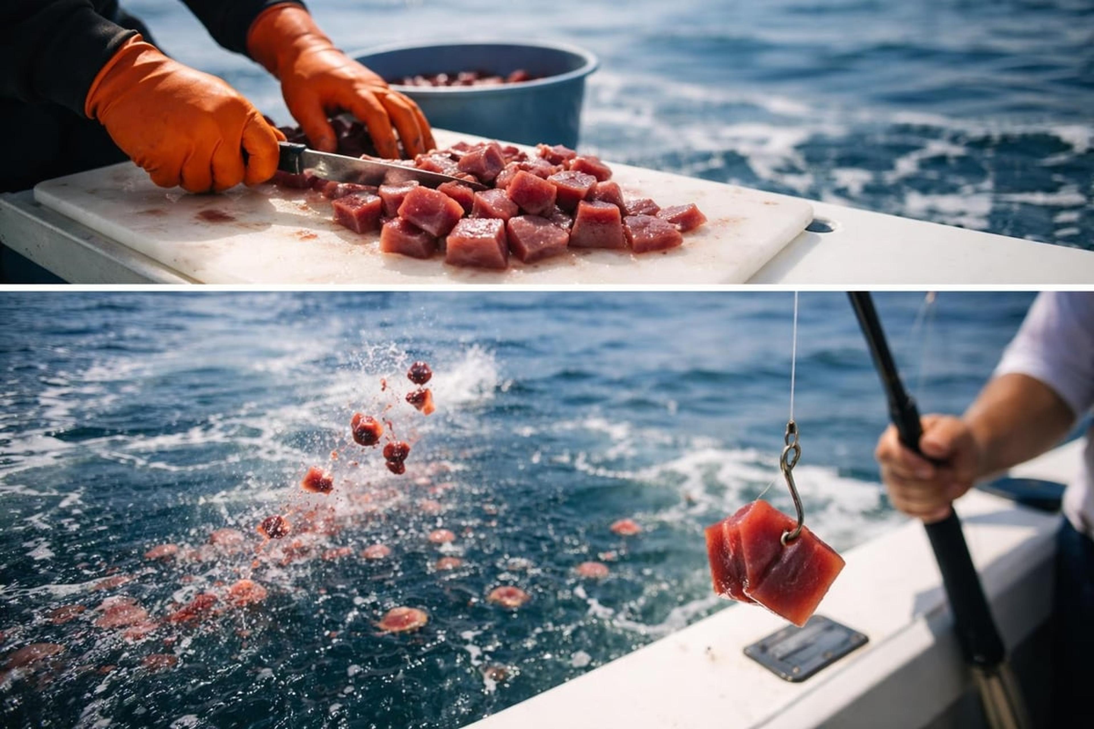 Gloved hands cutting fish into chunks on a cutting board aboard a boat, above a second view of chunks being tossed into the water beside a baited hook