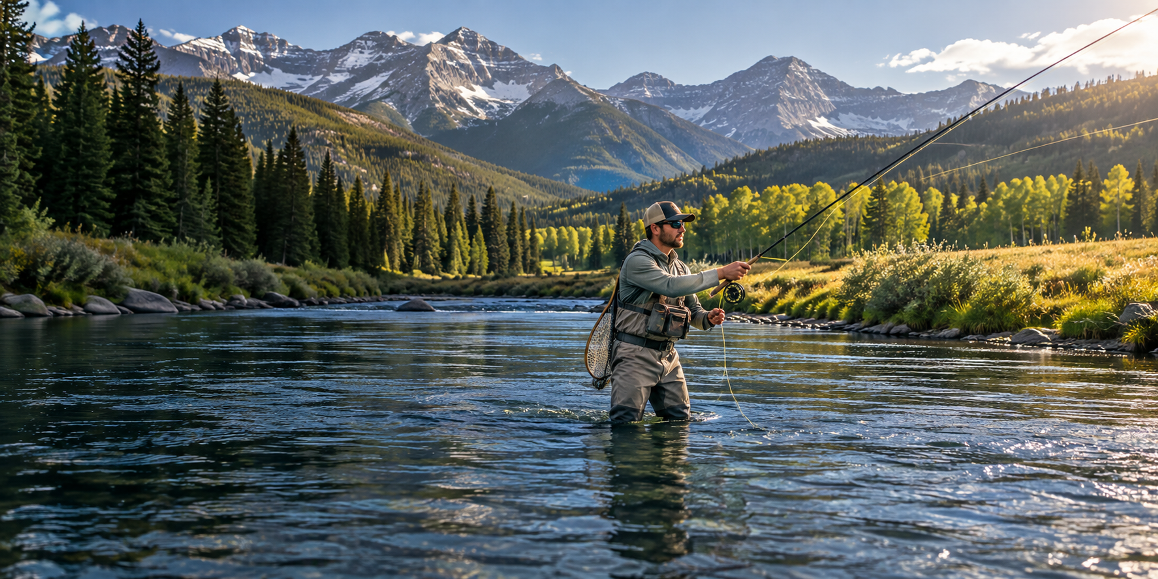A fly angler wades a clear mountain river, casting beneath snow-capped peaks, evergreens and aspens.