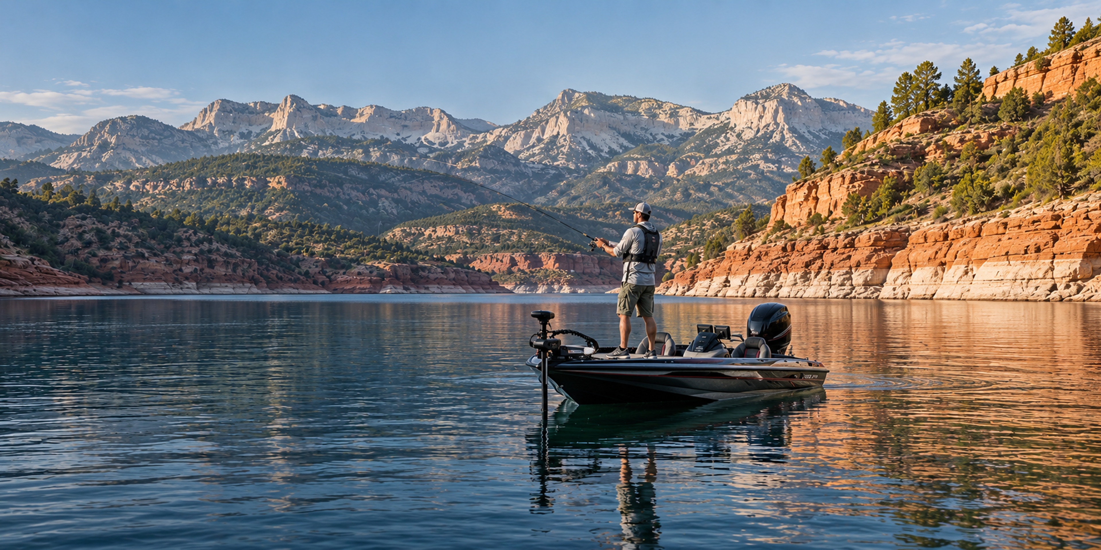 An angler casts from a bass boat on a reservoir below red-rock cliffs and rugged mountain peaks.