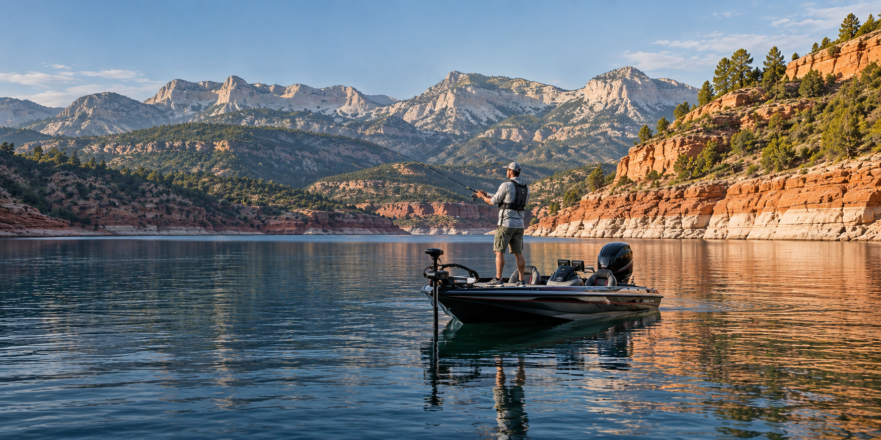 An angler casts from a bass boat on a reservoir below red-rock cliffs and rugged mountain peaks.