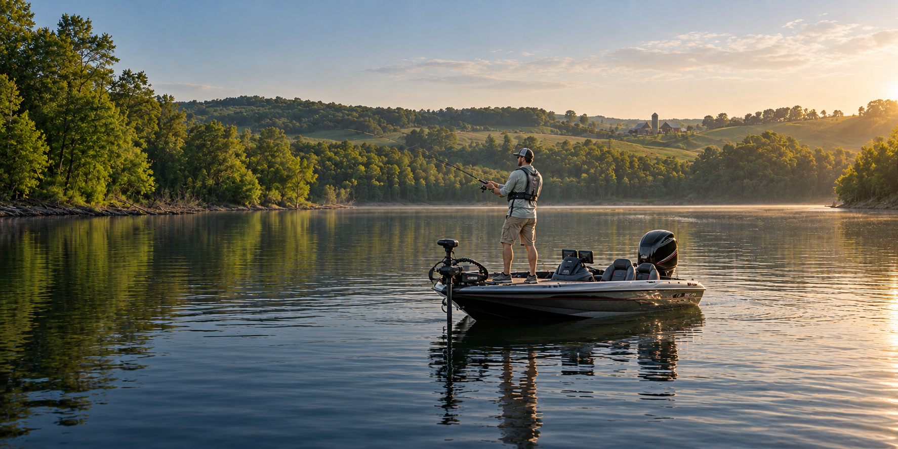 An angler casts from a bass boat on a still lake lined with green trees and gently rolling hills.