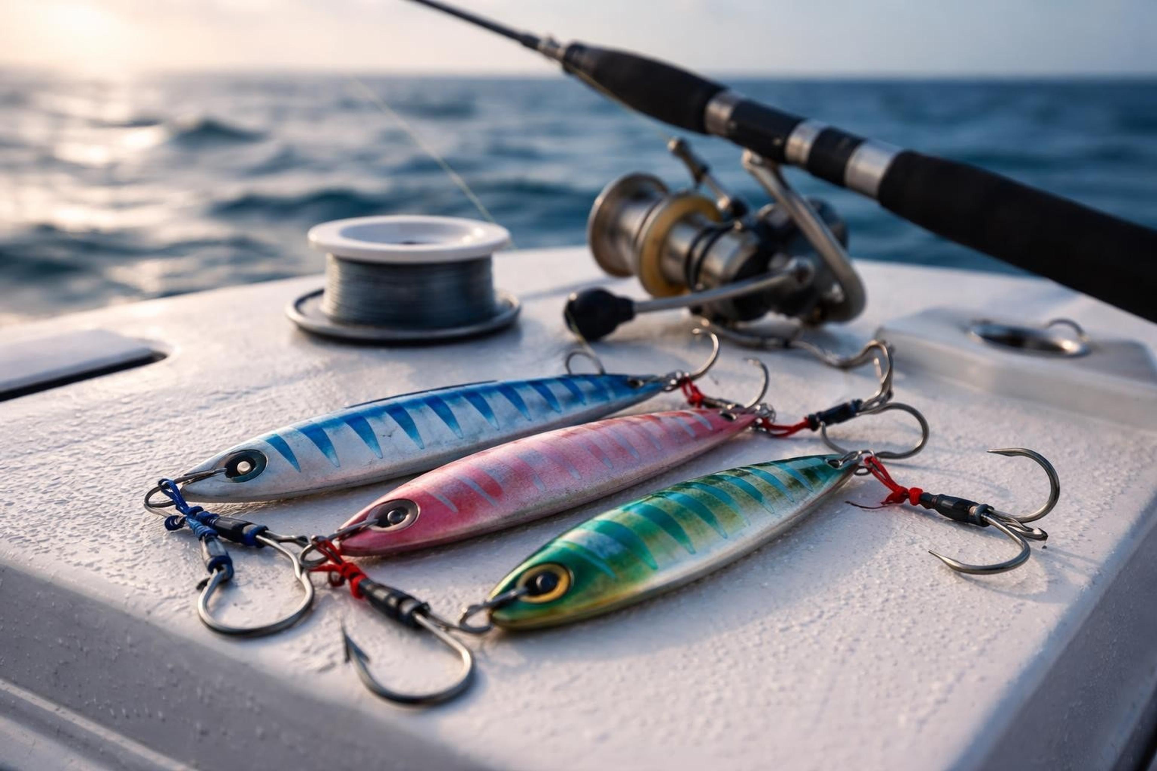 Three metal jigs in blue, pink and green finishes with assist hooks, lying on a boat deck beside a spinning reel