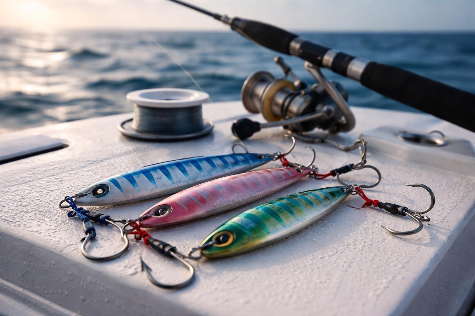 Three metal jigs in blue, pink and green finishes with assist hooks, lying on a boat deck beside a spinning reel