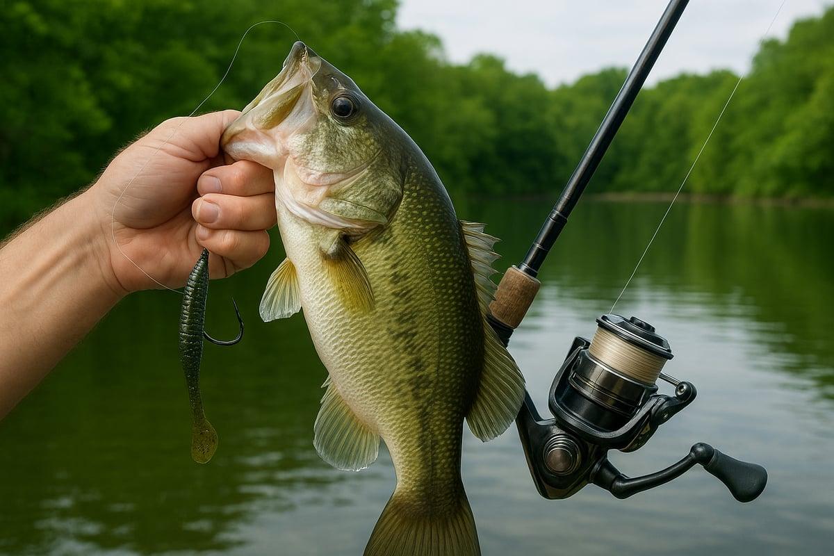 Hand holding a largemouth bass with a soft-plastic worm in its mouth beside a spinning rod on a tree-lined lake